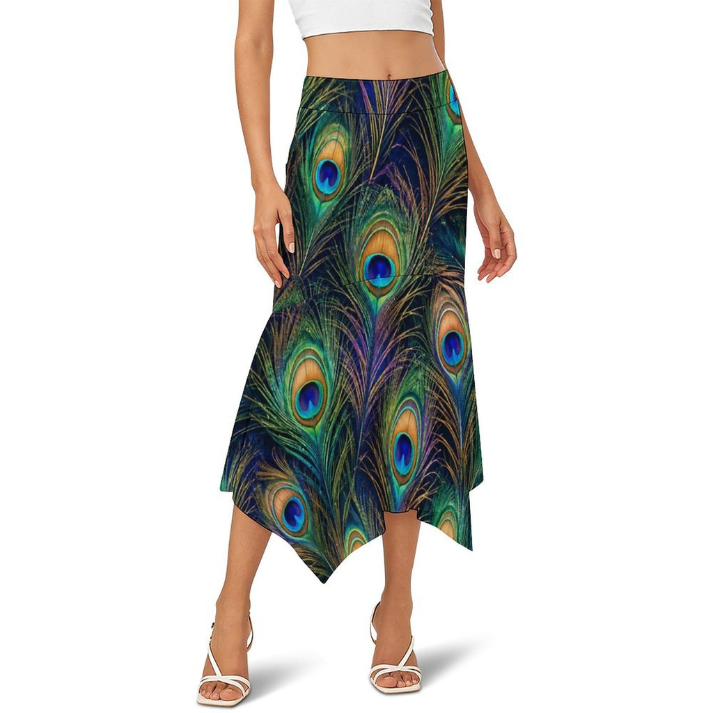 180gsm Irregular Hemmed Skirt(All-Over Printing) - Peacock feathers