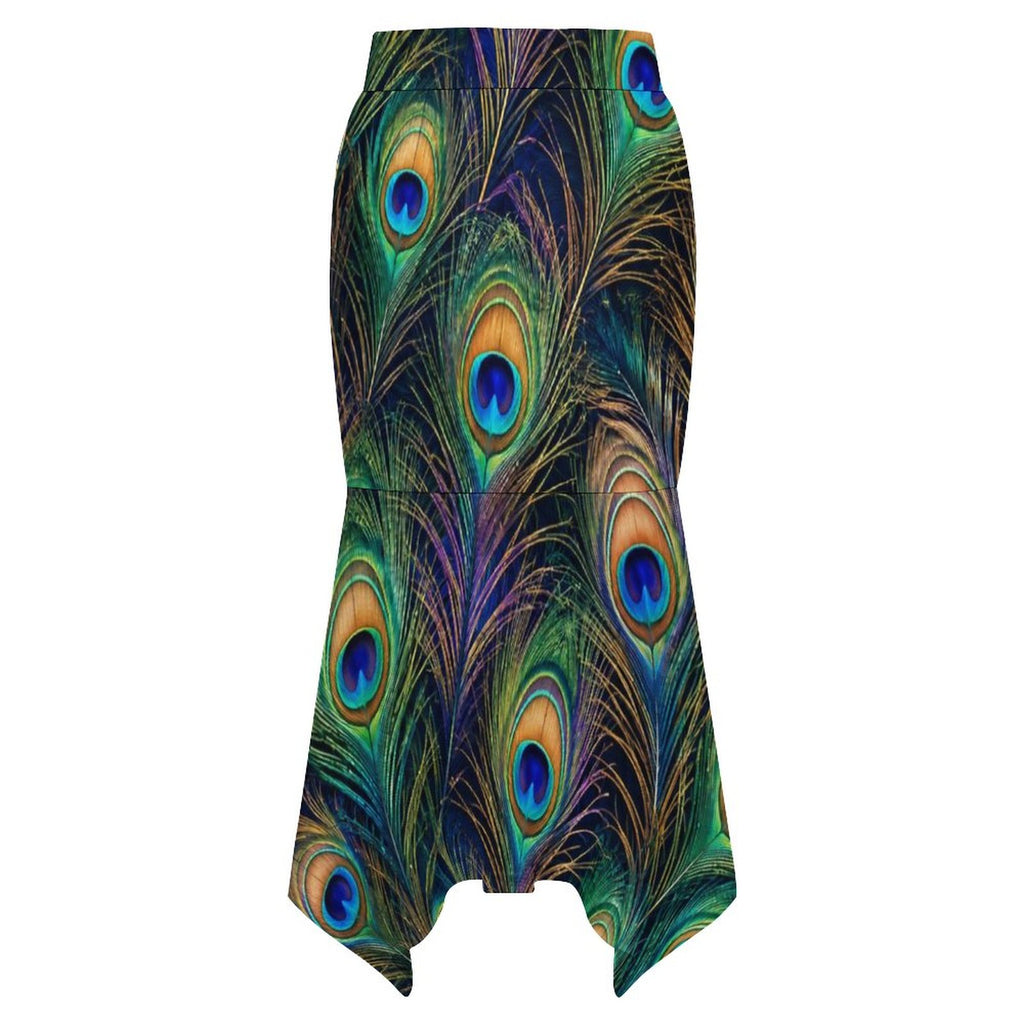 180gsm Irregular Hemmed Skirt(All-Over Printing) - Peacock feathers