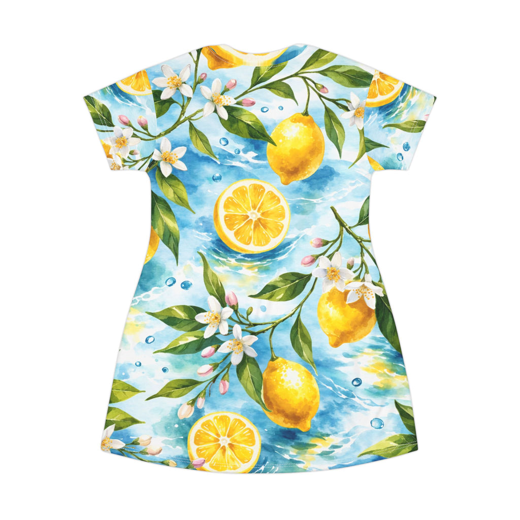Lemon Blossom T-Shirt Dress — Citrus Watercolor All-Over Print