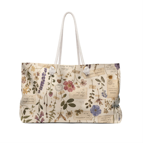 Botanical Vintage Weekender Bag – Floral Herbarium Tote for Travel & Beach