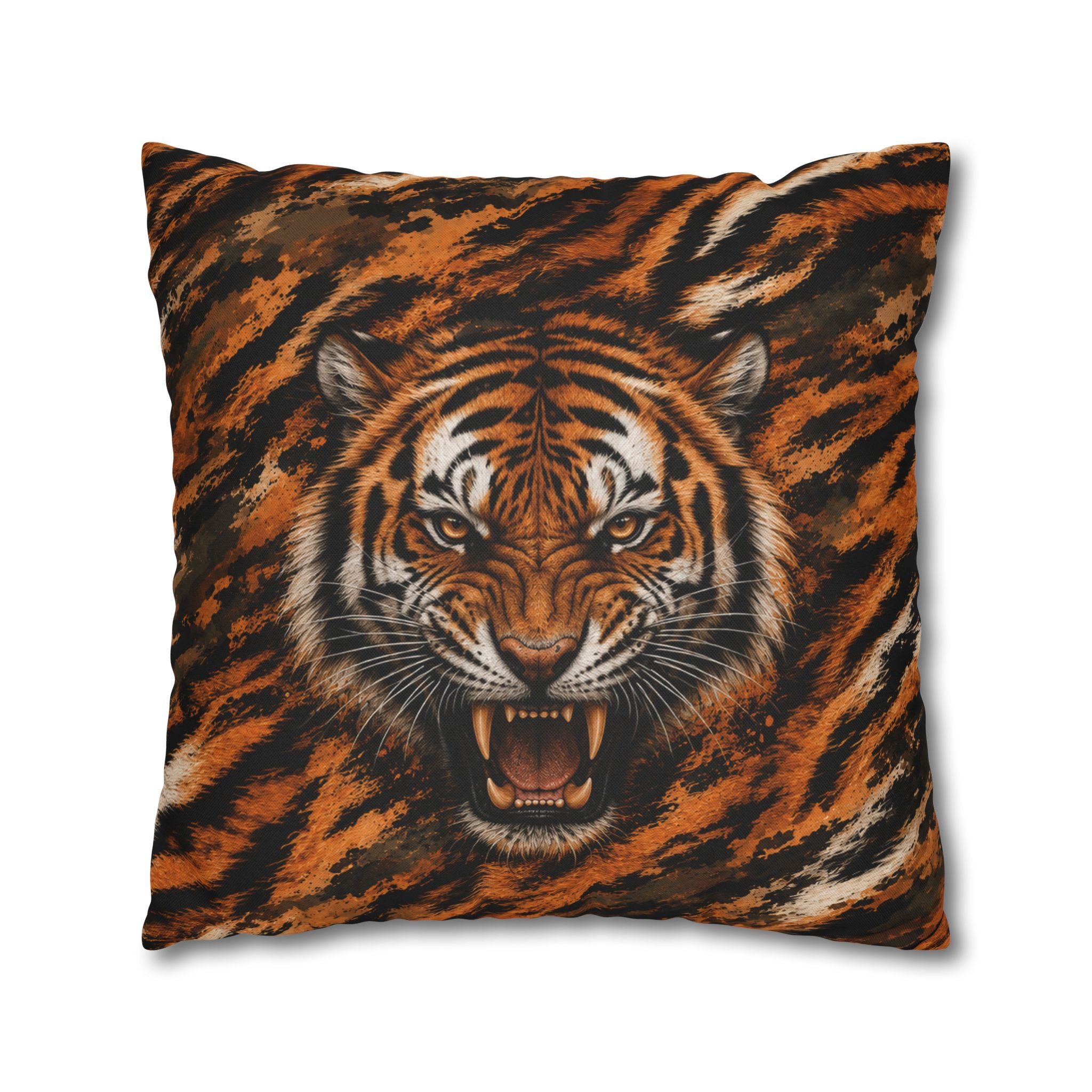Roaring Tiger Face Pillowcase — Bold Jungle Accent Throw Cover