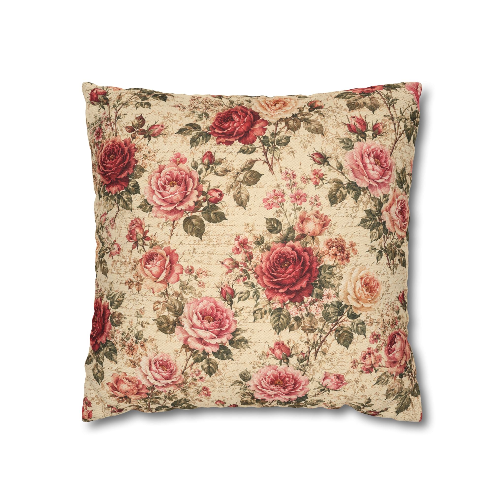 Floral Vintage Rose Pillowcase - Shabby Chic Square Throw Cover