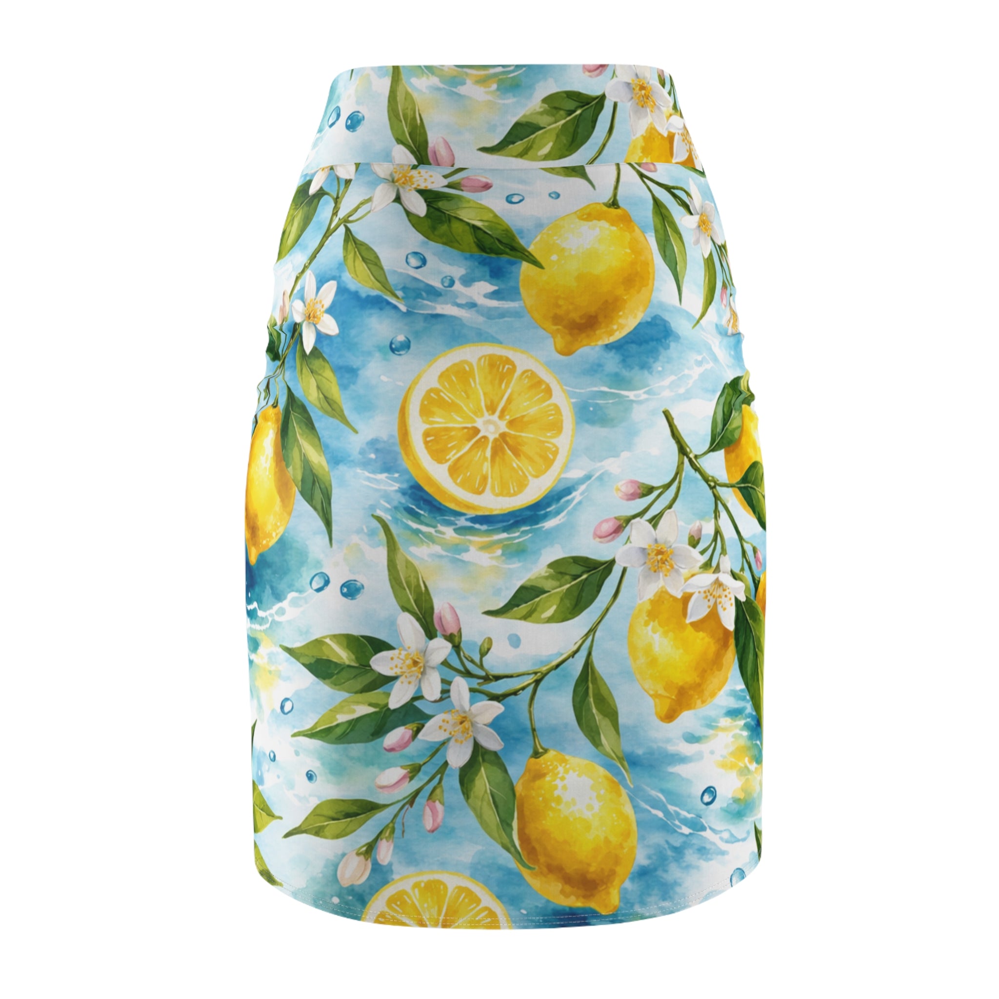 Lemon Watercolor Pencil Skirt — Floral Citrus Summer Print
