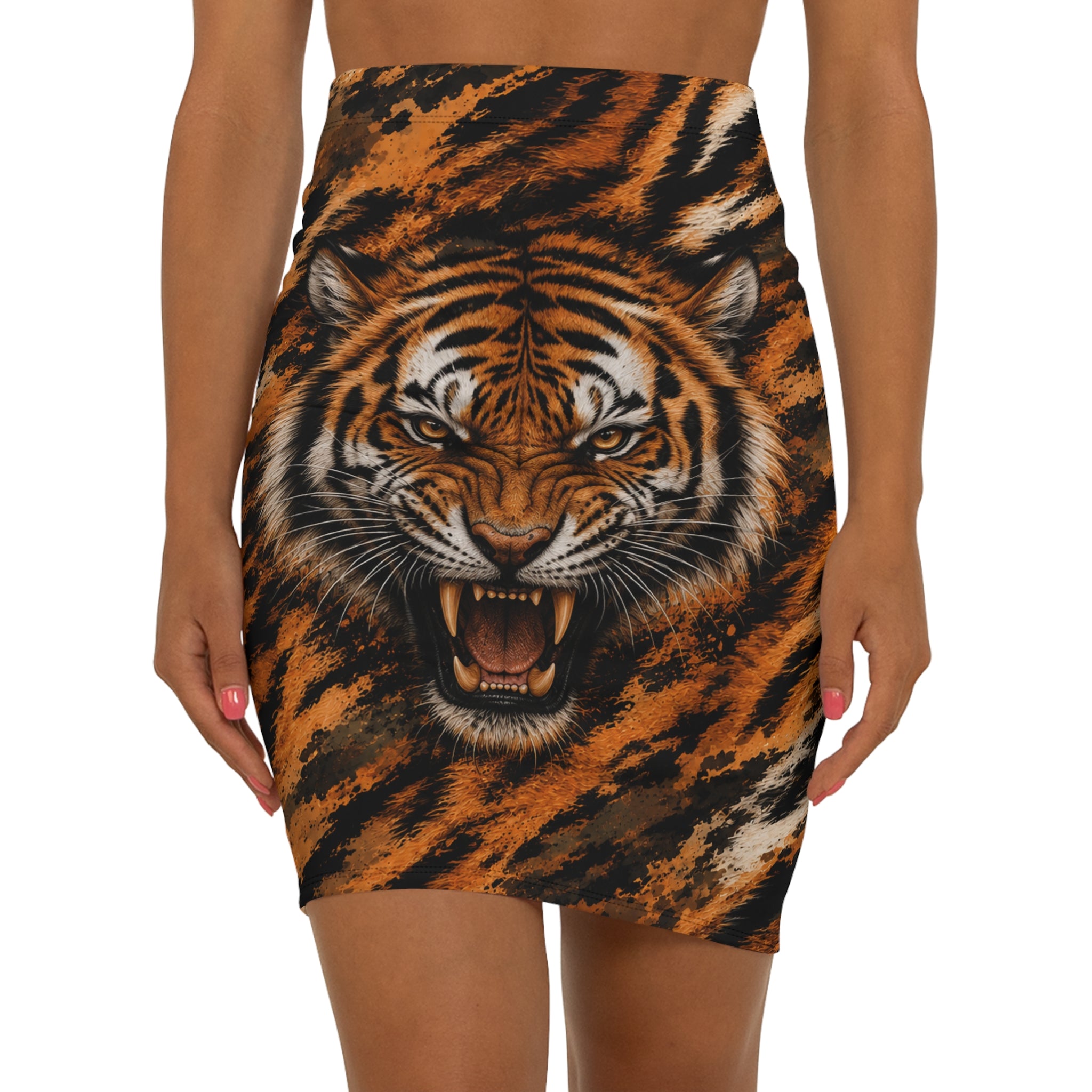 Mid‑Waist Pencil Skirt — Angry tiger in a chaotic camo
