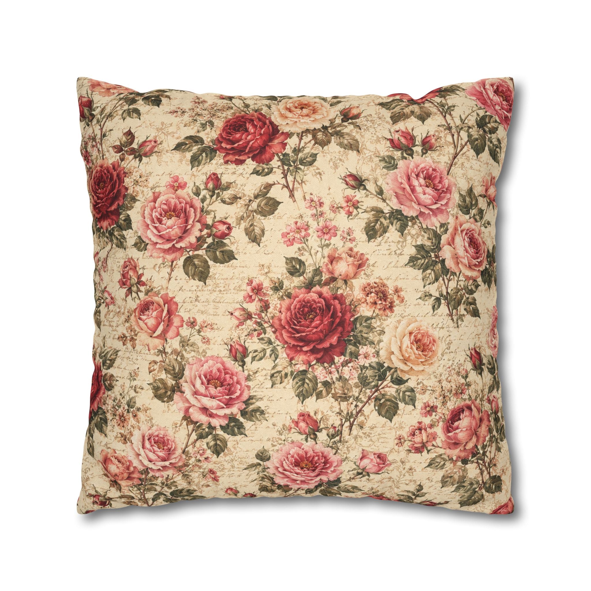 Floral Vintage Rose Pillowcase - Shabby Chic Square Throw Cover