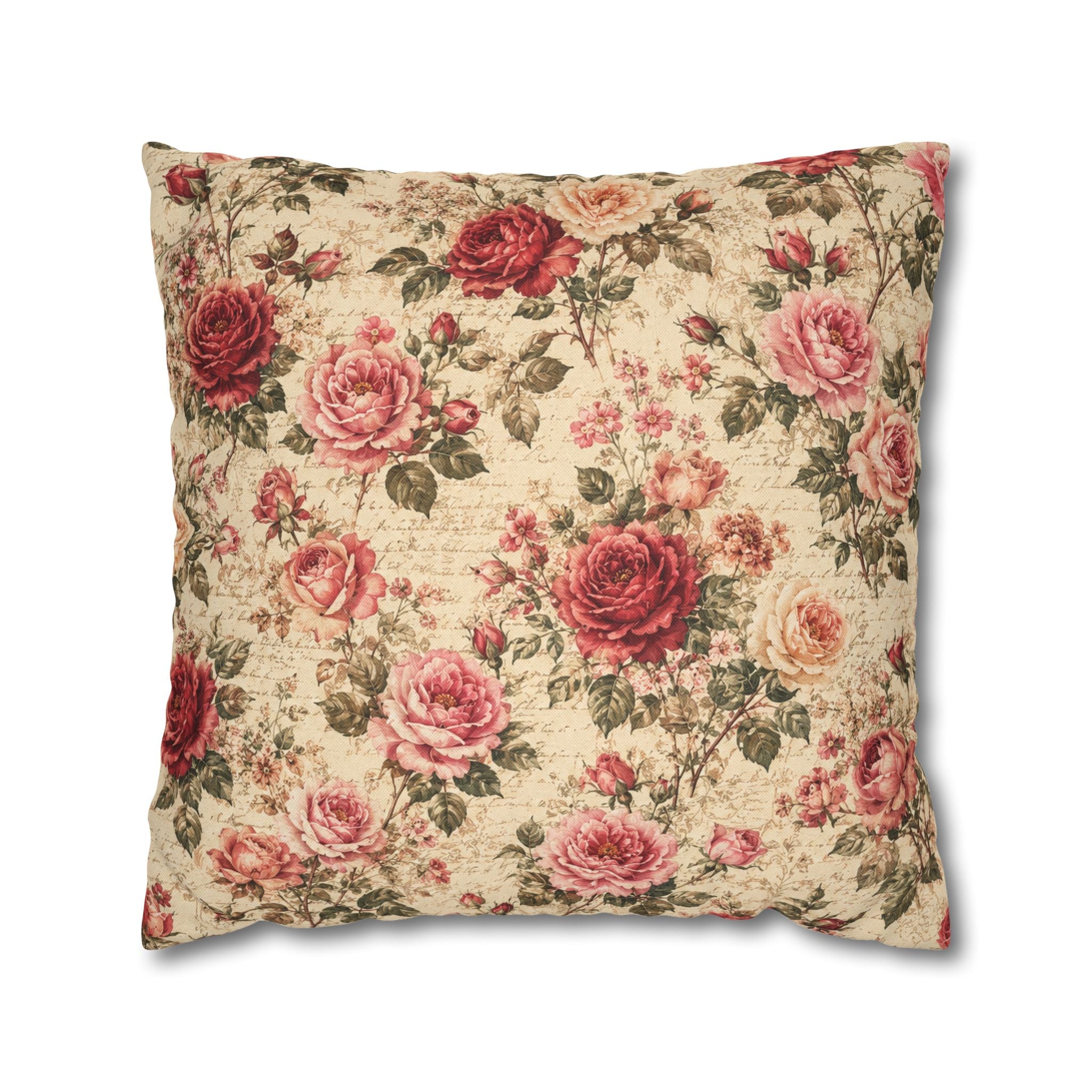 Floral Vintage Rose Pillowcase - Shabby Chic Square Throw Cover
