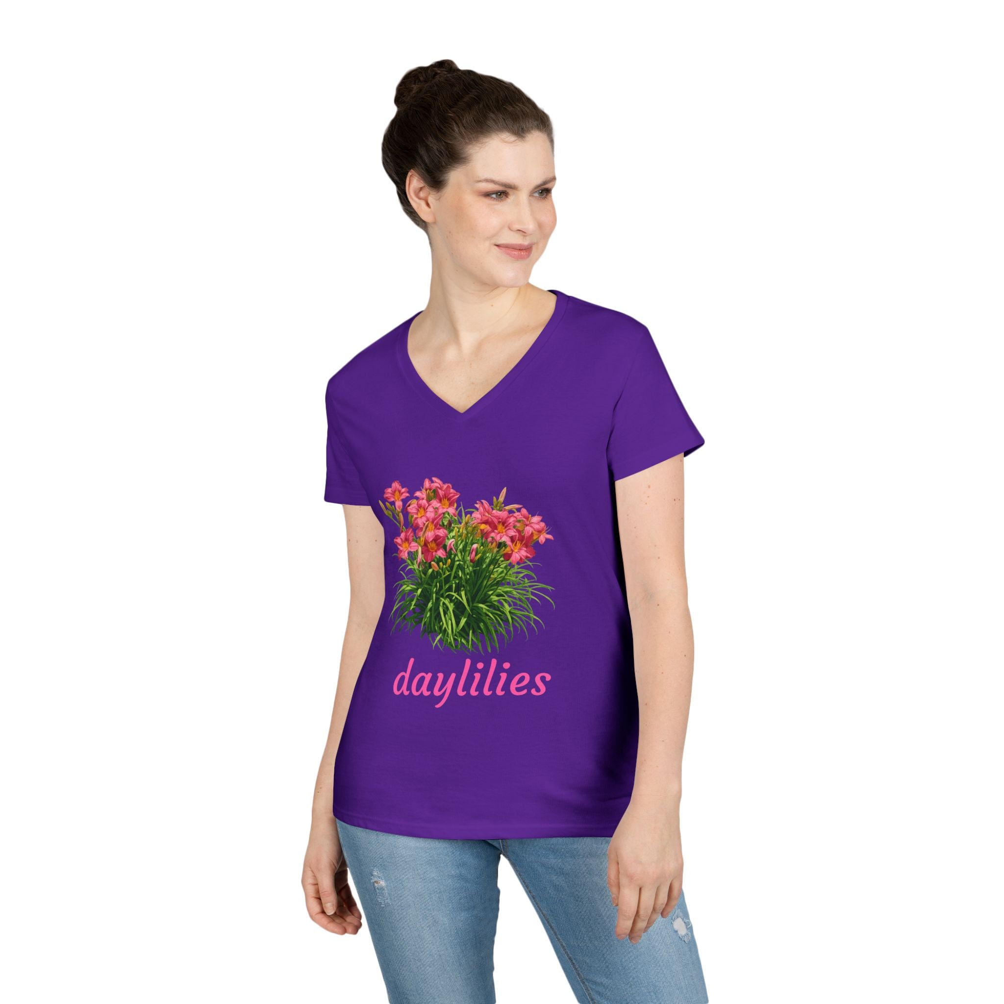 Daylilies Floral V-Neck Tee — Women's Garden Flower T-Shirt