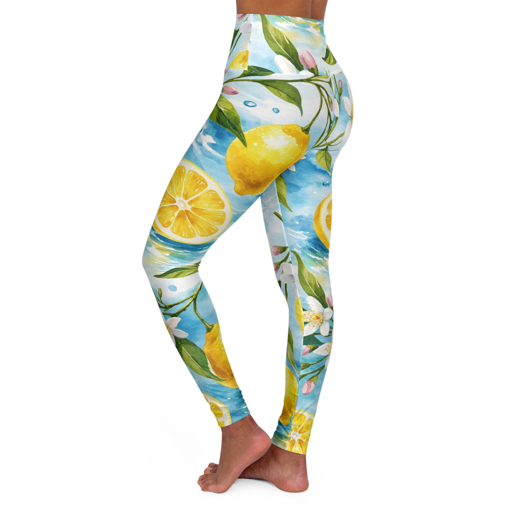 Lemon Watercolor High-Waist Yoga Leggings — Floral Citrus Activewear