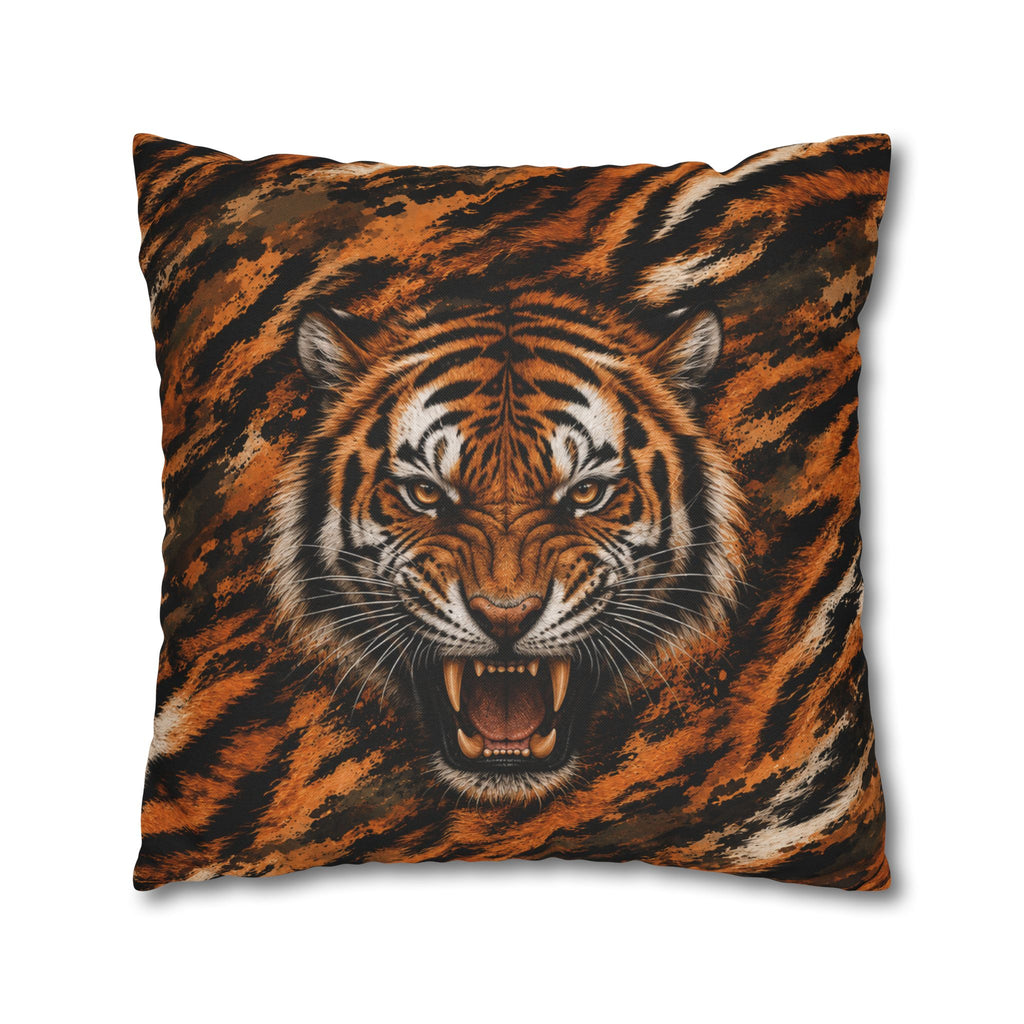 Roaring Tiger Face Pillowcase — Bold Jungle Accent Throw Cover