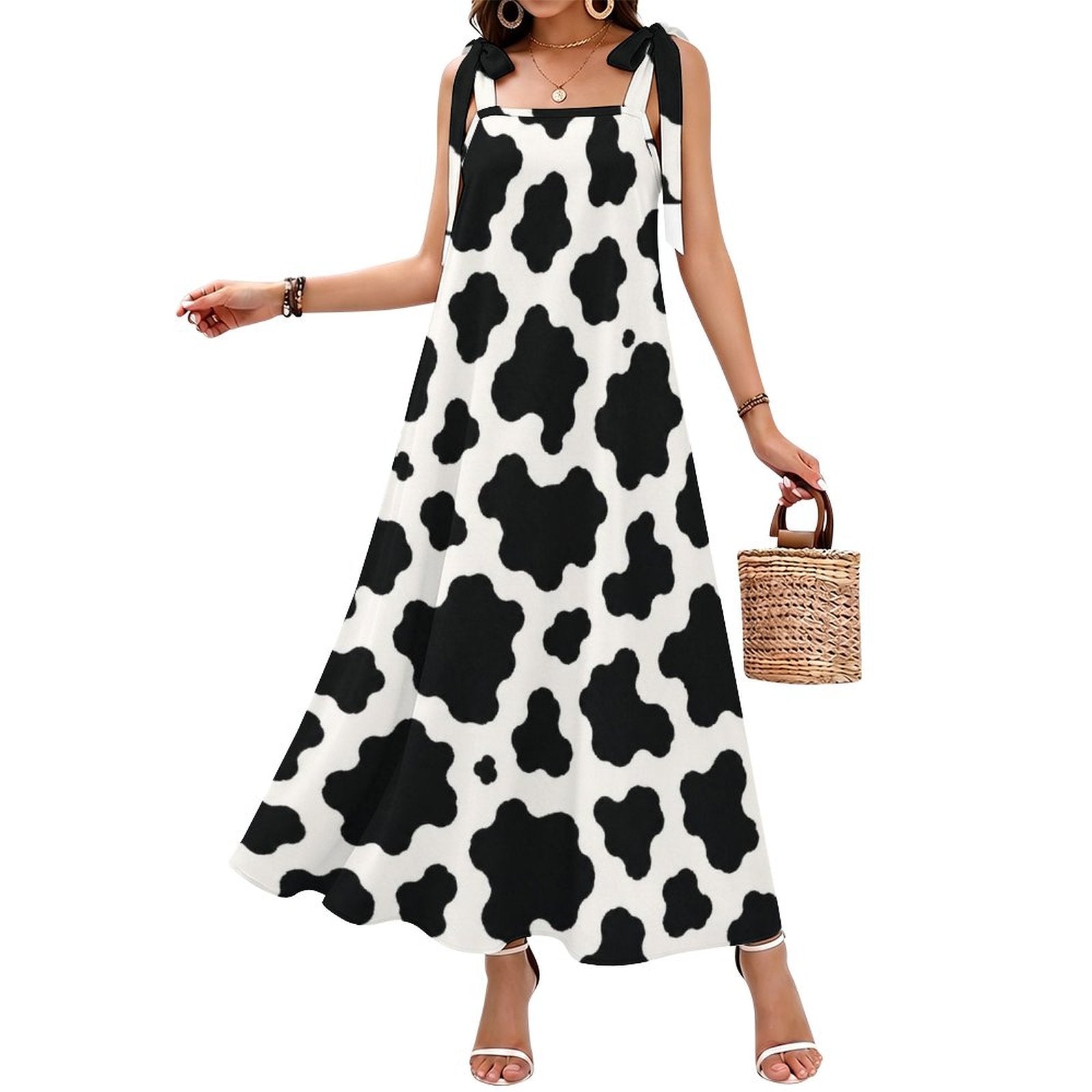 180gsm Ankle-length Slip Dress With Straps(All-Over Printing) - Black-and-White Cowhide