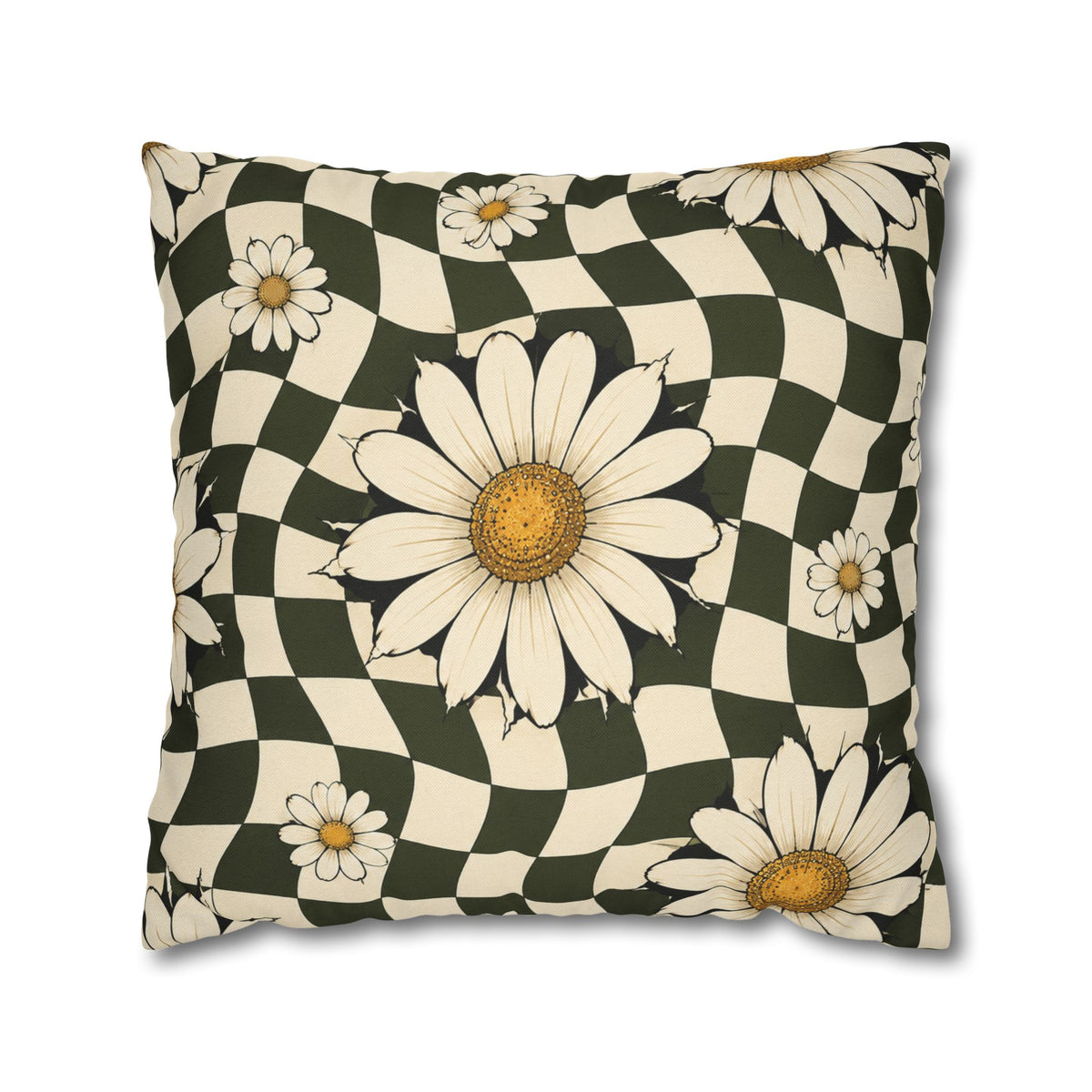 Daisy Check Throw Pillowcase — Retro Floral Square Cushion Cover