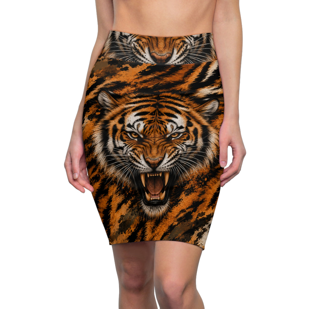 Women's Pencil Skirt (AOP) - Angry tiger in a chaotic camo