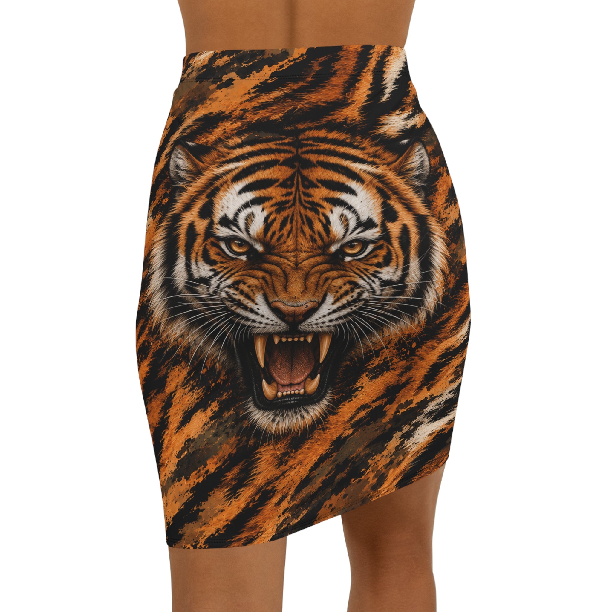 Mid‑Waist Pencil Skirt — Angry tiger in a chaotic camo