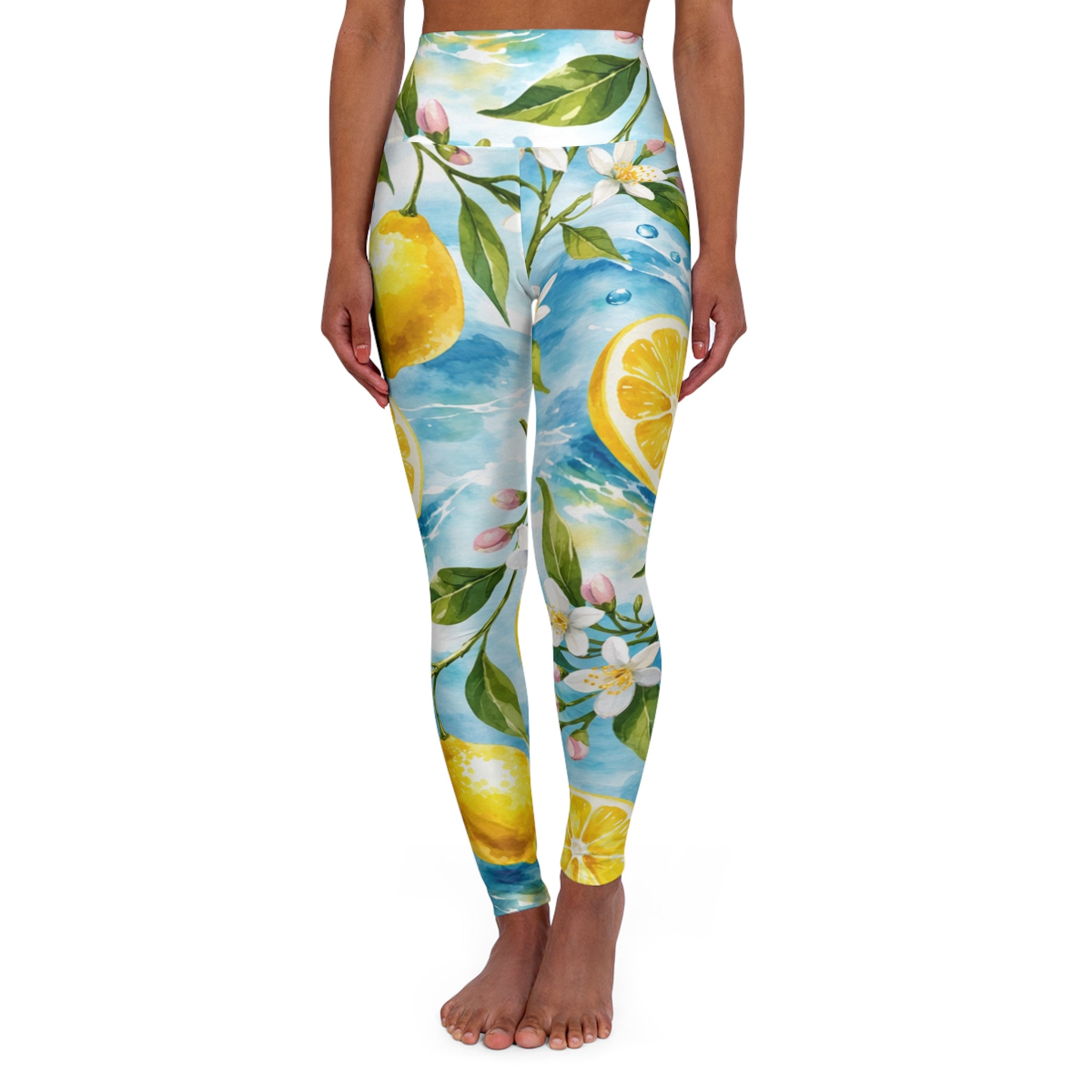 Lemon Watercolor High-Waist Yoga Leggings — Floral Citrus Activewear
