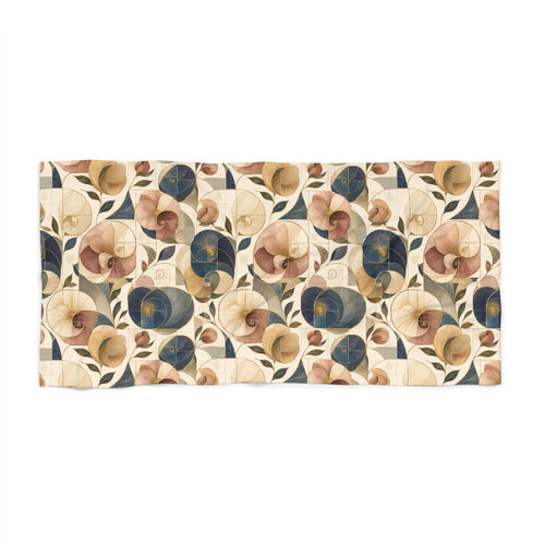 Floral Geometric Beach Towel — Retro Peach & Navy Coastal Pattern