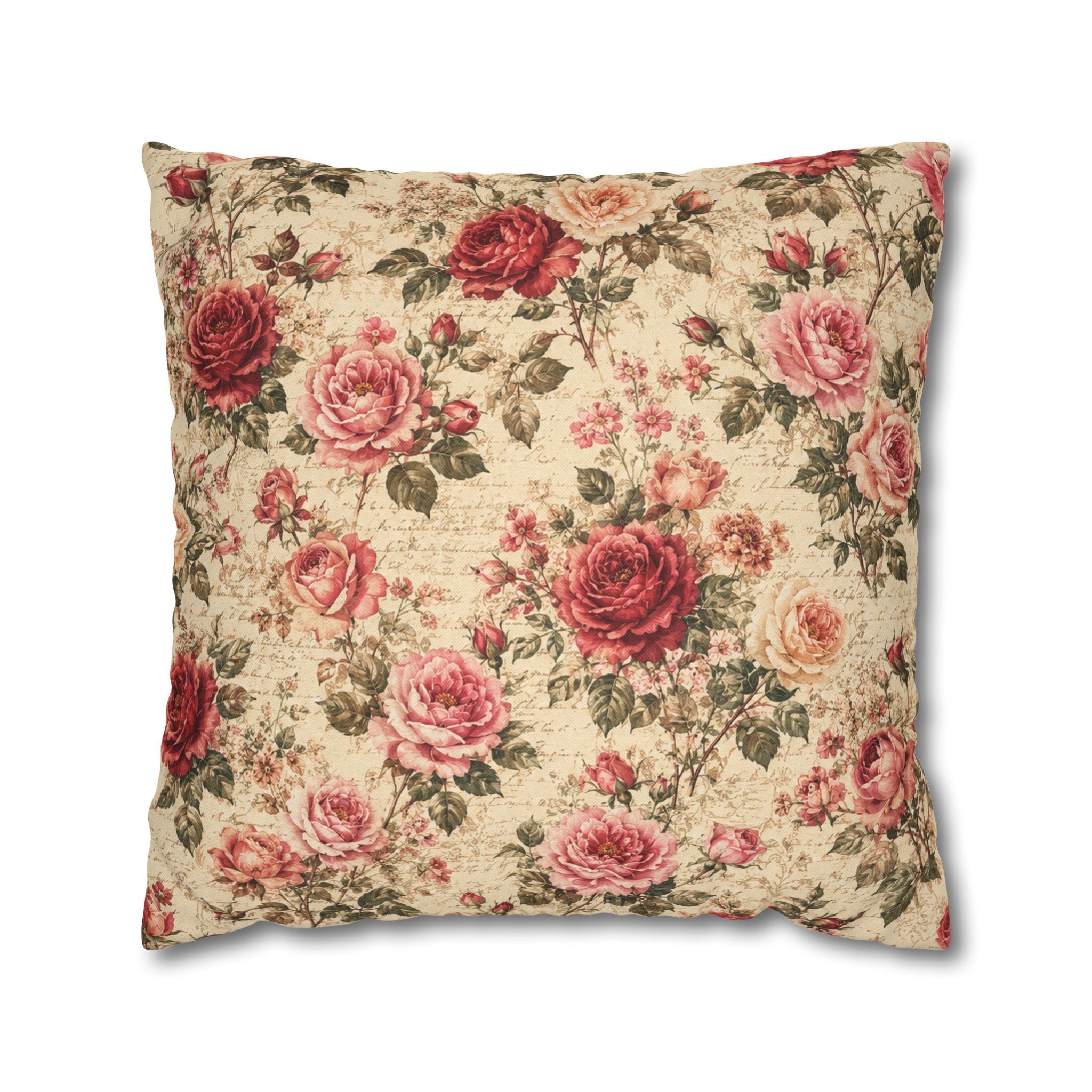 Floral Vintage Rose Pillowcase - Shabby Chic Square Throw Cover