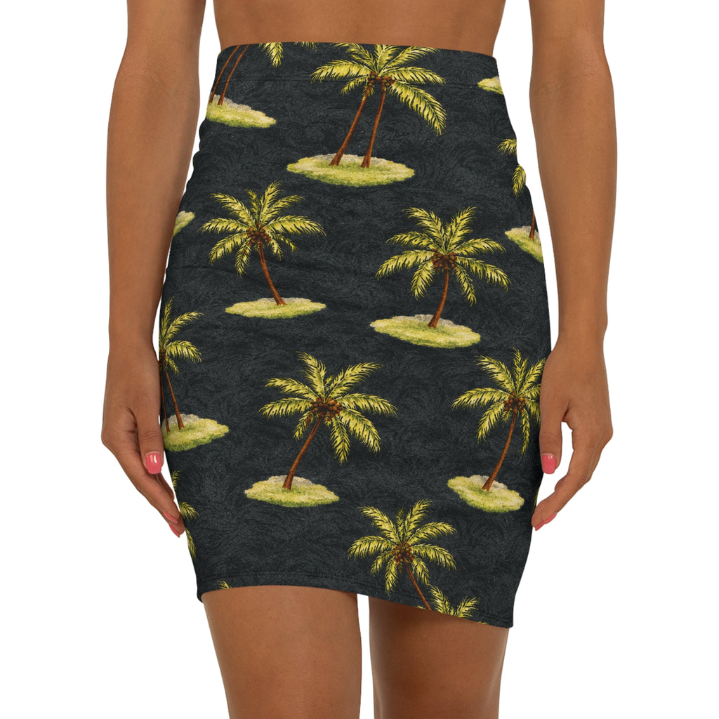 Mid‑Waist Pencil Skirt — Tropical palm islands