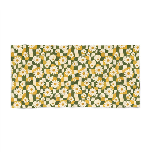 Daisy Checkerboard Beach Towel - Retro Green & Mustard Floral