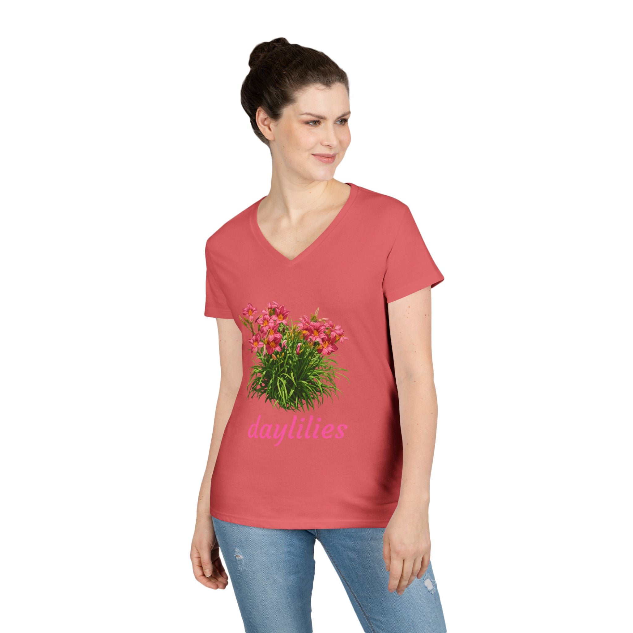 Daylilies Floral V-Neck Tee — Women's Garden Flower T-Shirt