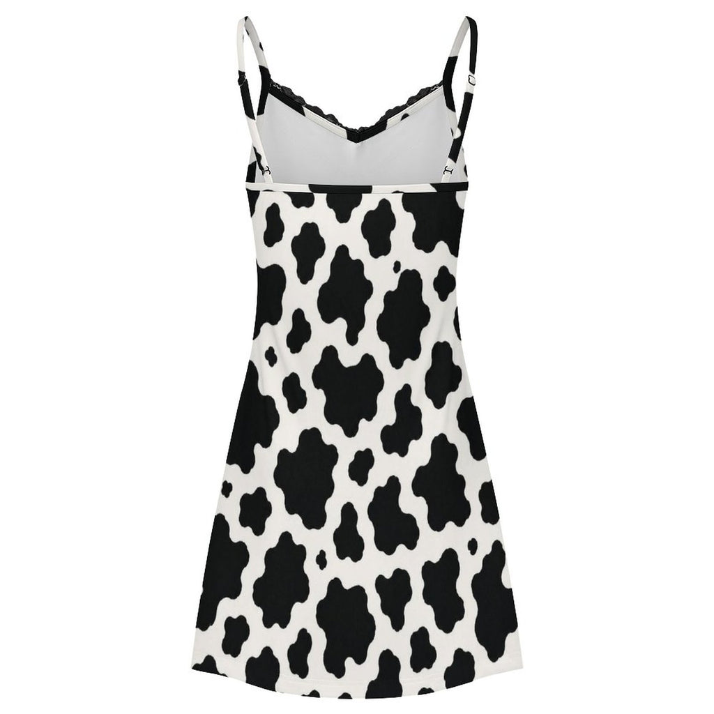 200gsm Lace Camisole Pajama Dress(All-Over Printing) - Black-and-White Cowhide