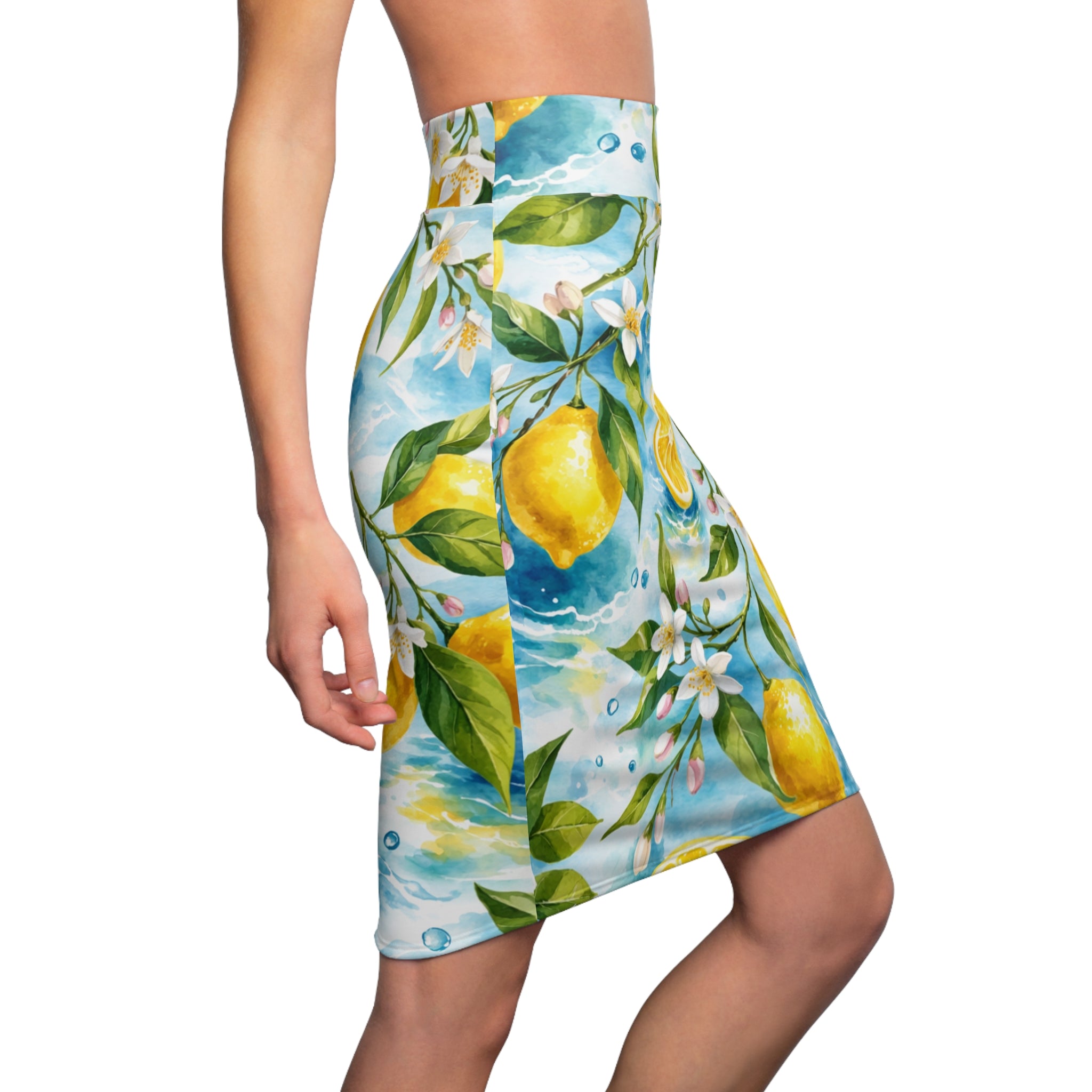 Lemon Watercolor Pencil Skirt — Floral Citrus Summer Print