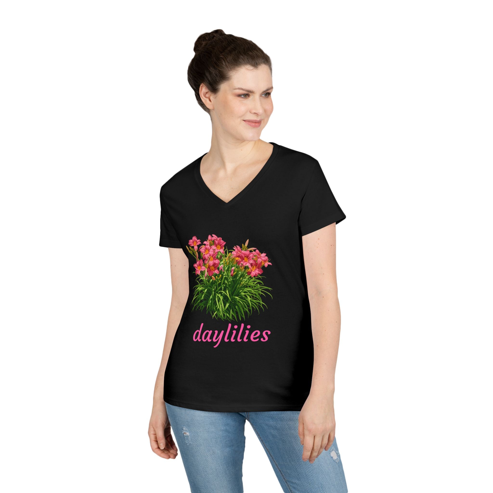 Daylilies Floral V-Neck Tee — Women's Garden Flower T-Shirt