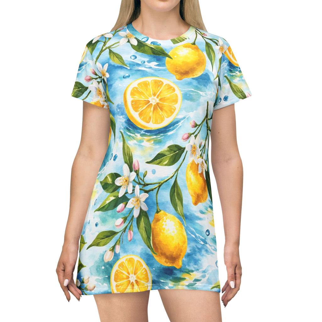 Lemon Blossom T-Shirt Dress — Citrus Watercolor All-Over Print