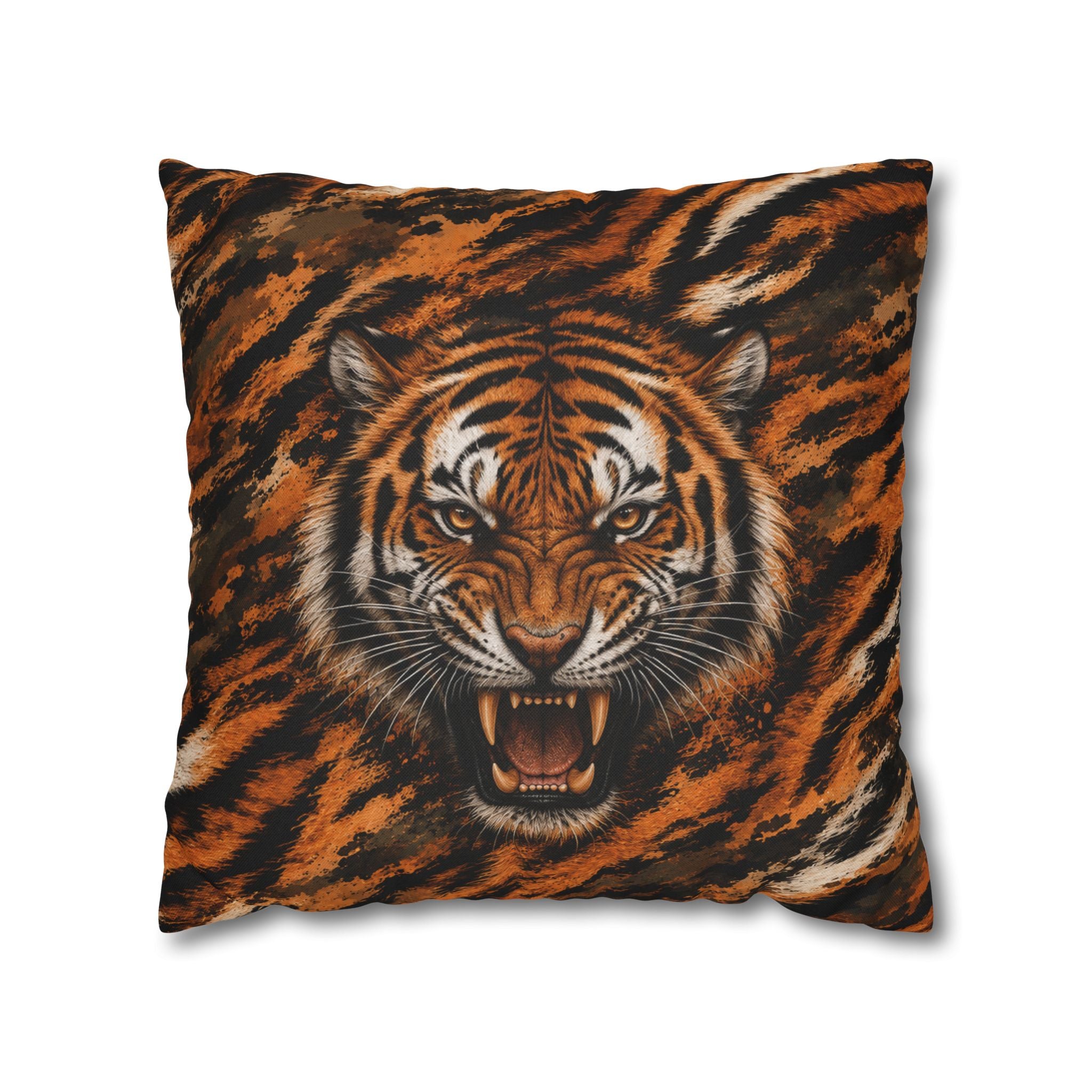 Roaring Tiger Face Pillowcase — Bold Jungle Accent Throw Cover