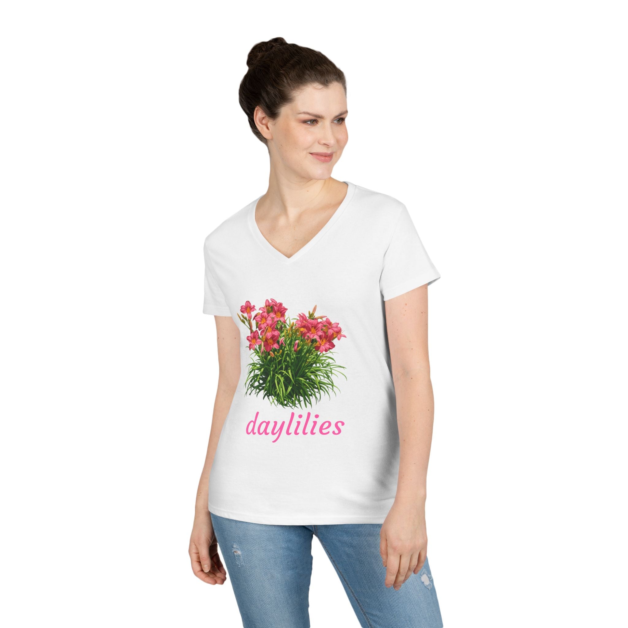 Daylilies Floral V-Neck Tee — Women's Garden Flower T-Shirt