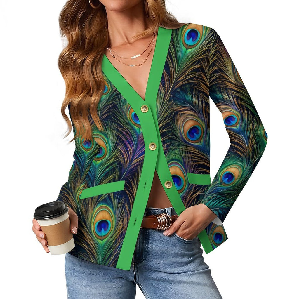 170gsm Women's Lightweight Cardigan(All-Over Printing) - Peacock feathers
