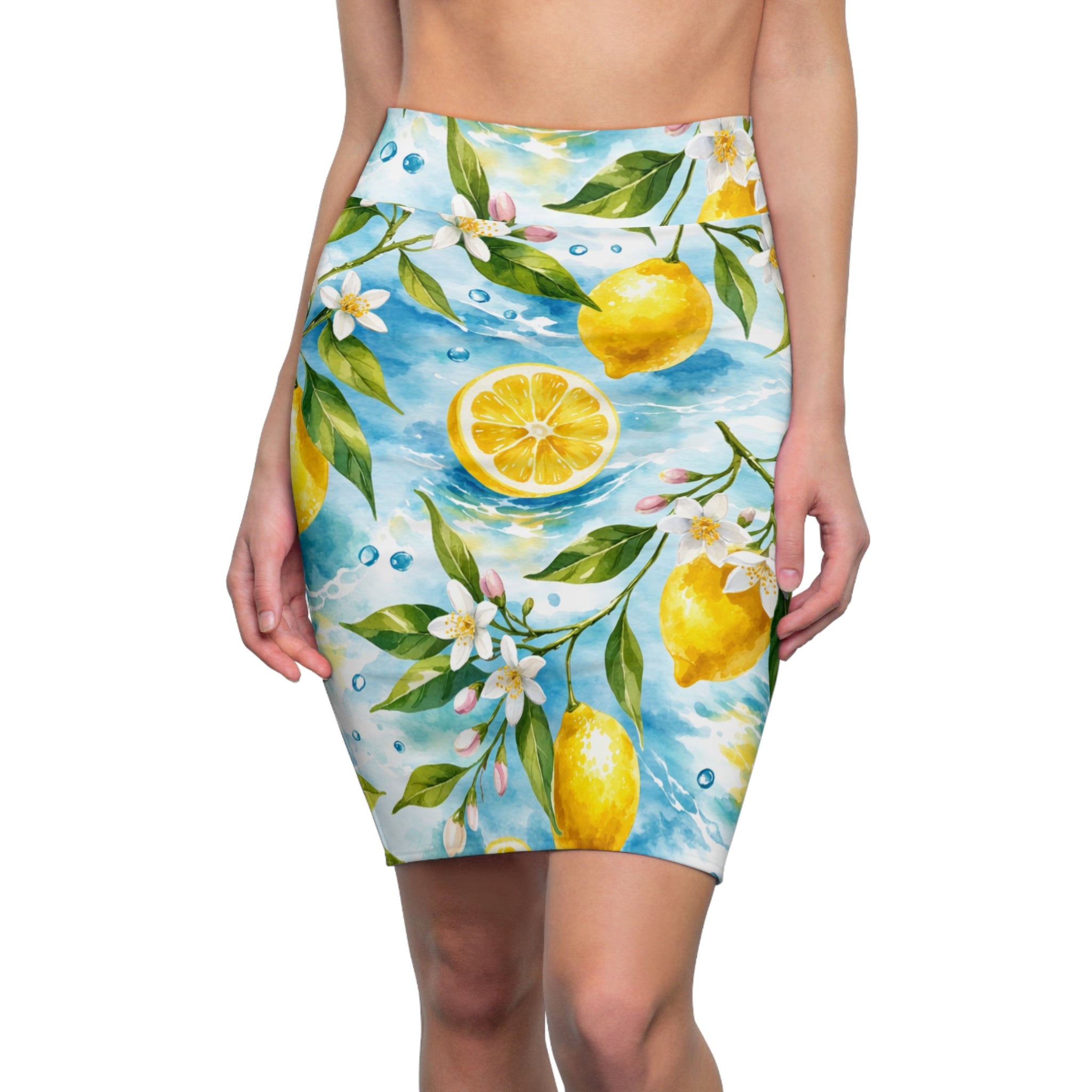 Lemon Watercolor Pencil Skirt — Floral Citrus Summer Print