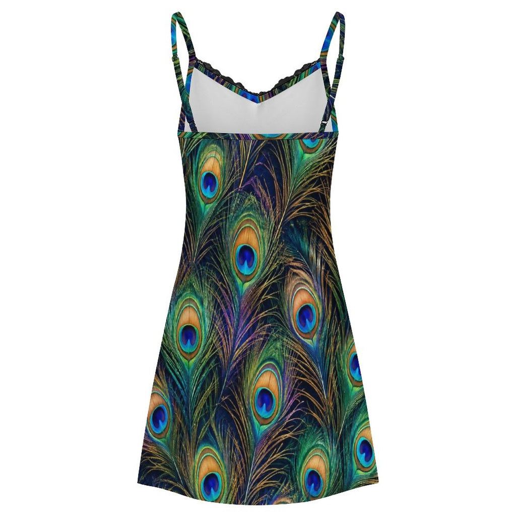 200gsm Lace Camisole Pajama Dress(All-Over Printing) - Peacock feathers