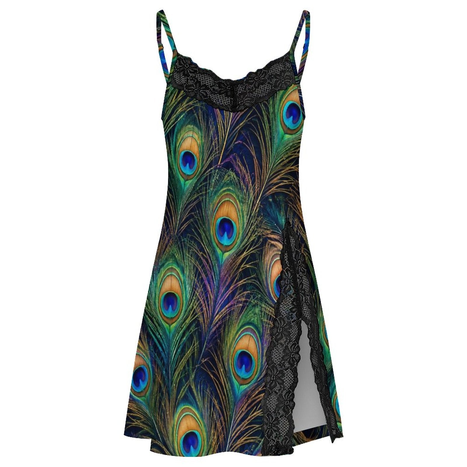 200gsm Lace Camisole Pajama Dress(All-Over Printing) - Peacock feathers