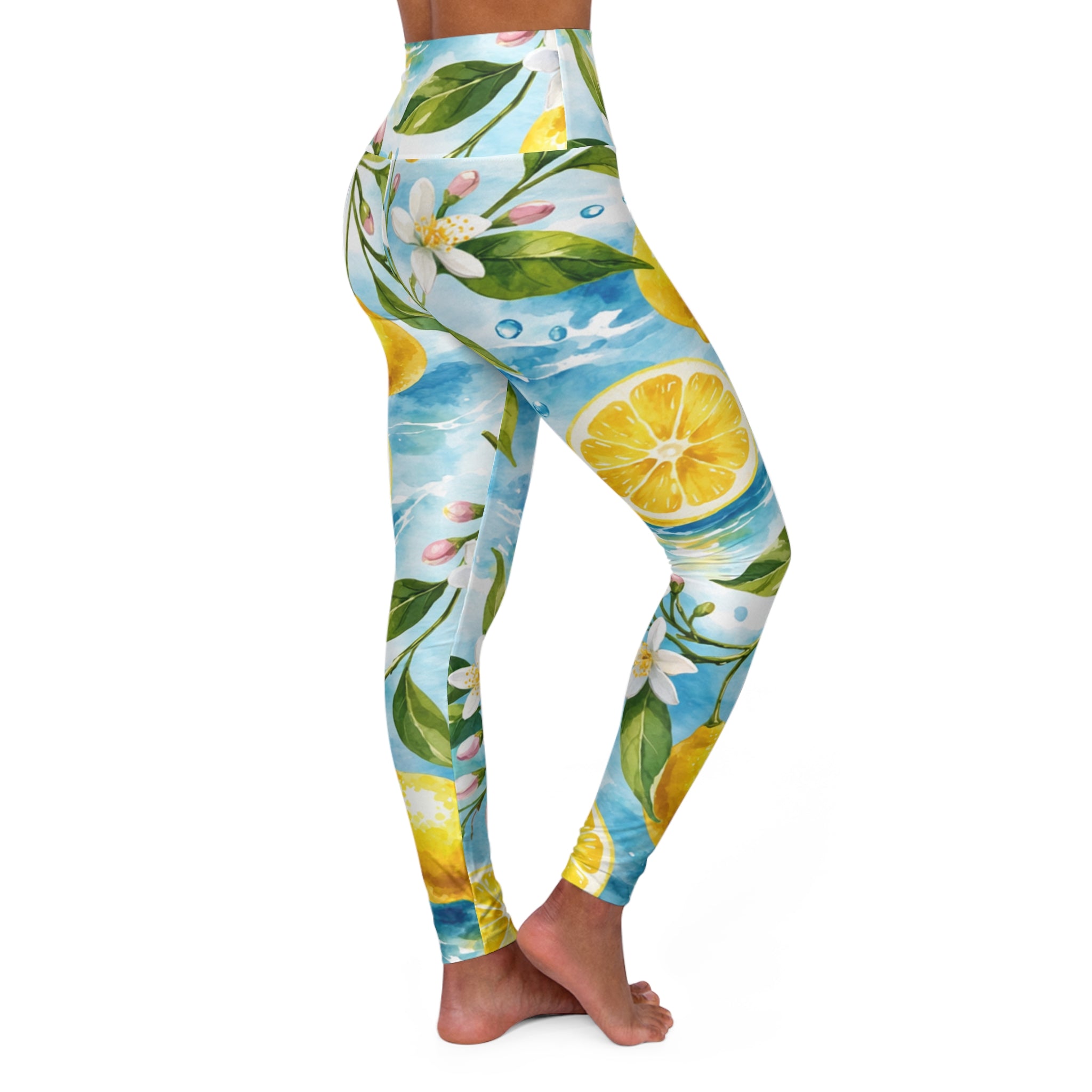 Lemon Watercolor High-Waist Yoga Leggings — Floral Citrus Activewear