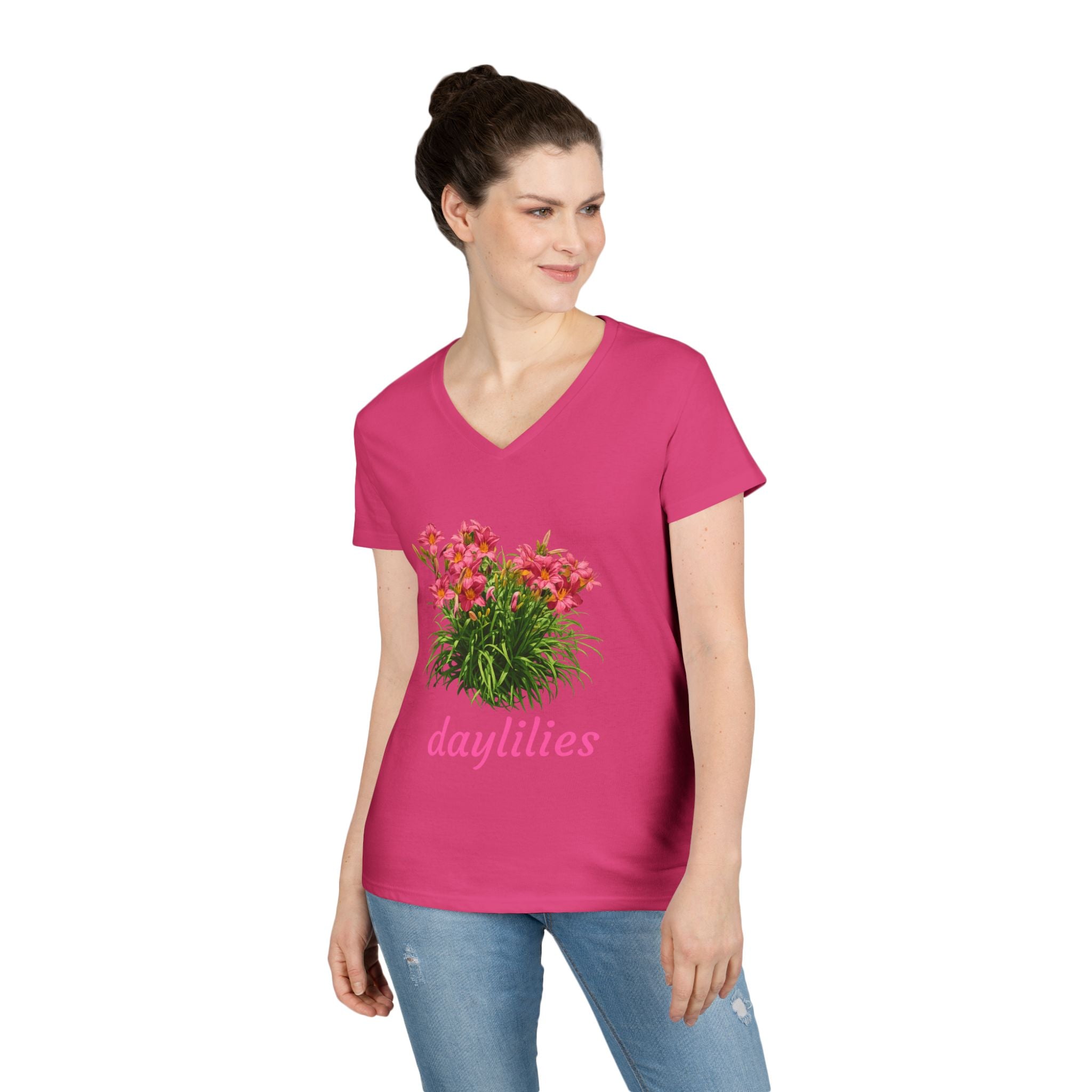 Daylilies Floral V-Neck Tee — Women's Garden Flower T-Shirt