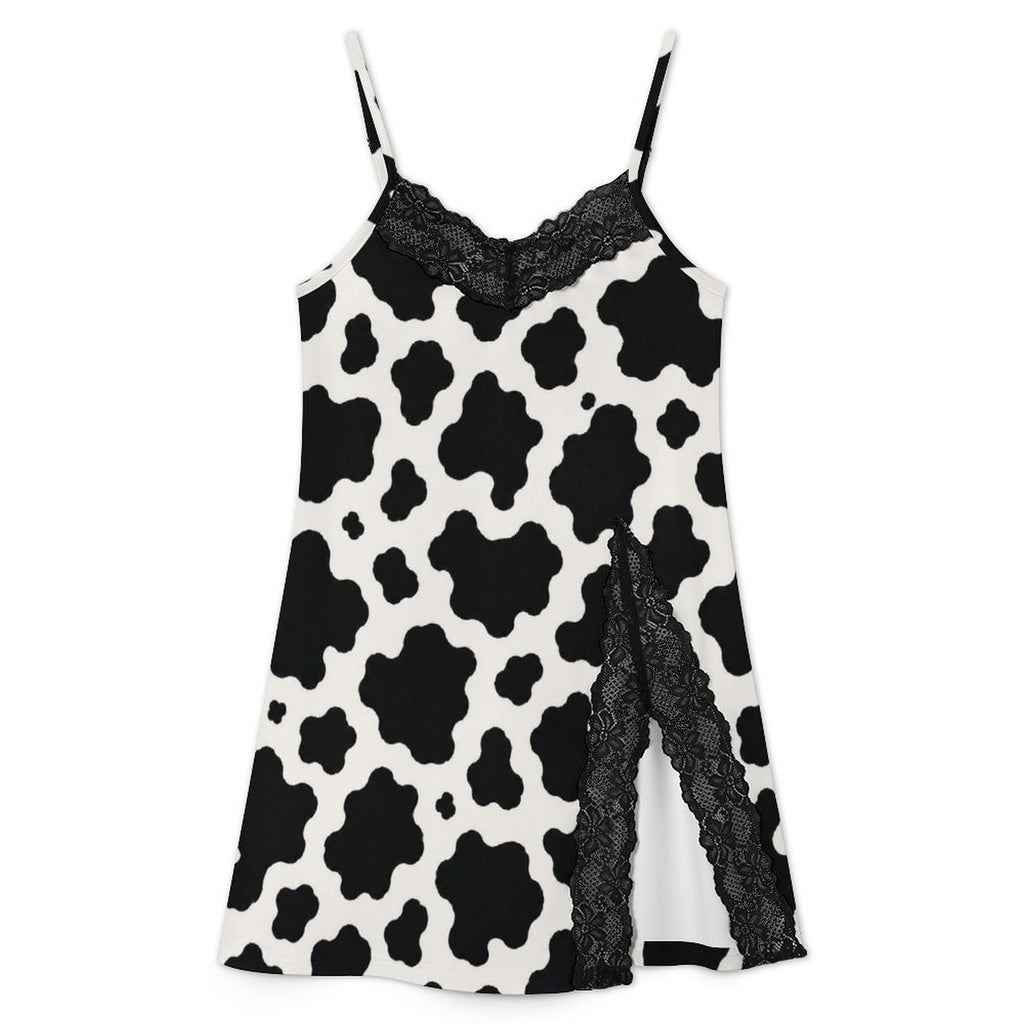 200gsm Lace Camisole Pajama Dress(All-Over Printing) - Black-and-White Cowhide