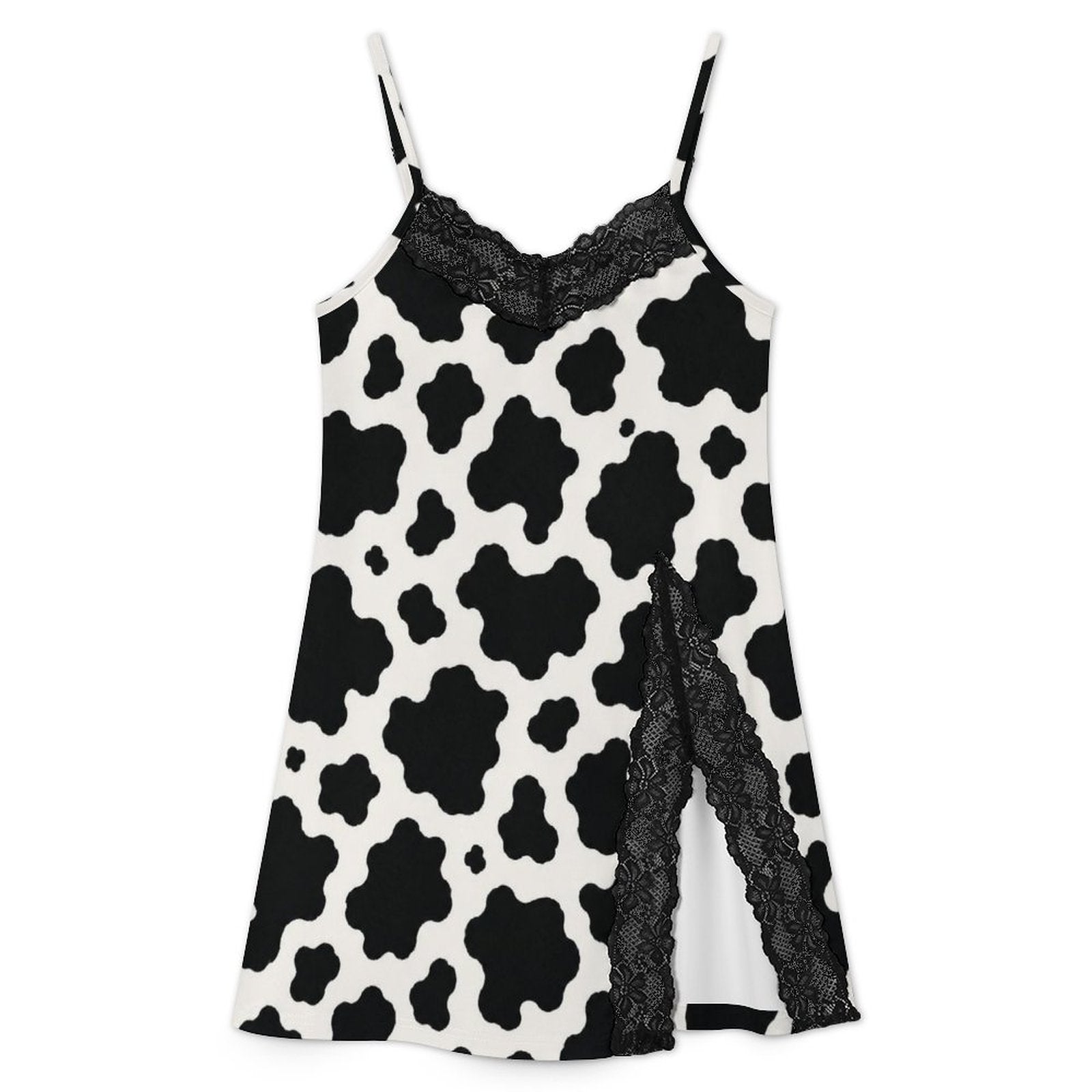 200gsm Lace Camisole Pajama Dress(All-Over Printing) - Black-and-White Cowhide