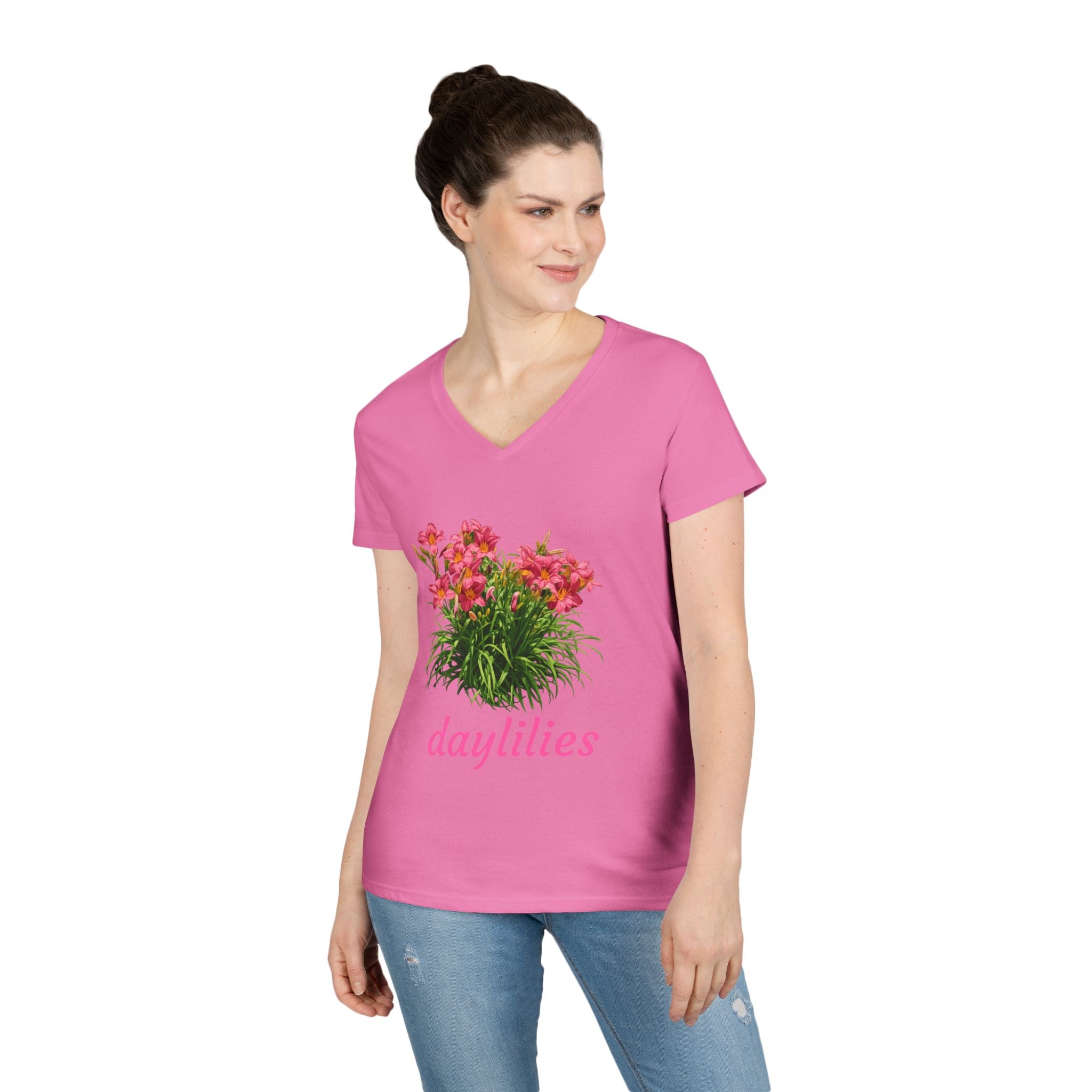 Daylilies Floral V-Neck Tee — Women's Garden Flower T-Shirt