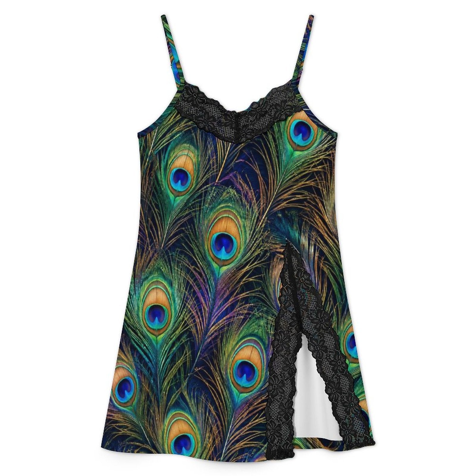 200gsm Lace Camisole Pajama Dress(All-Over Printing) - Peacock feathers