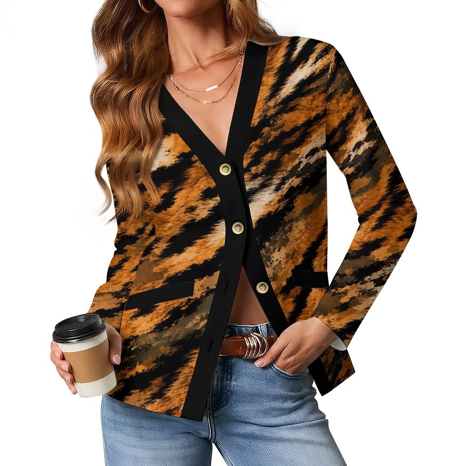 170gsm Women's Lightweight Cardigan(All-Over Printing) - tiger-fur camouflage
