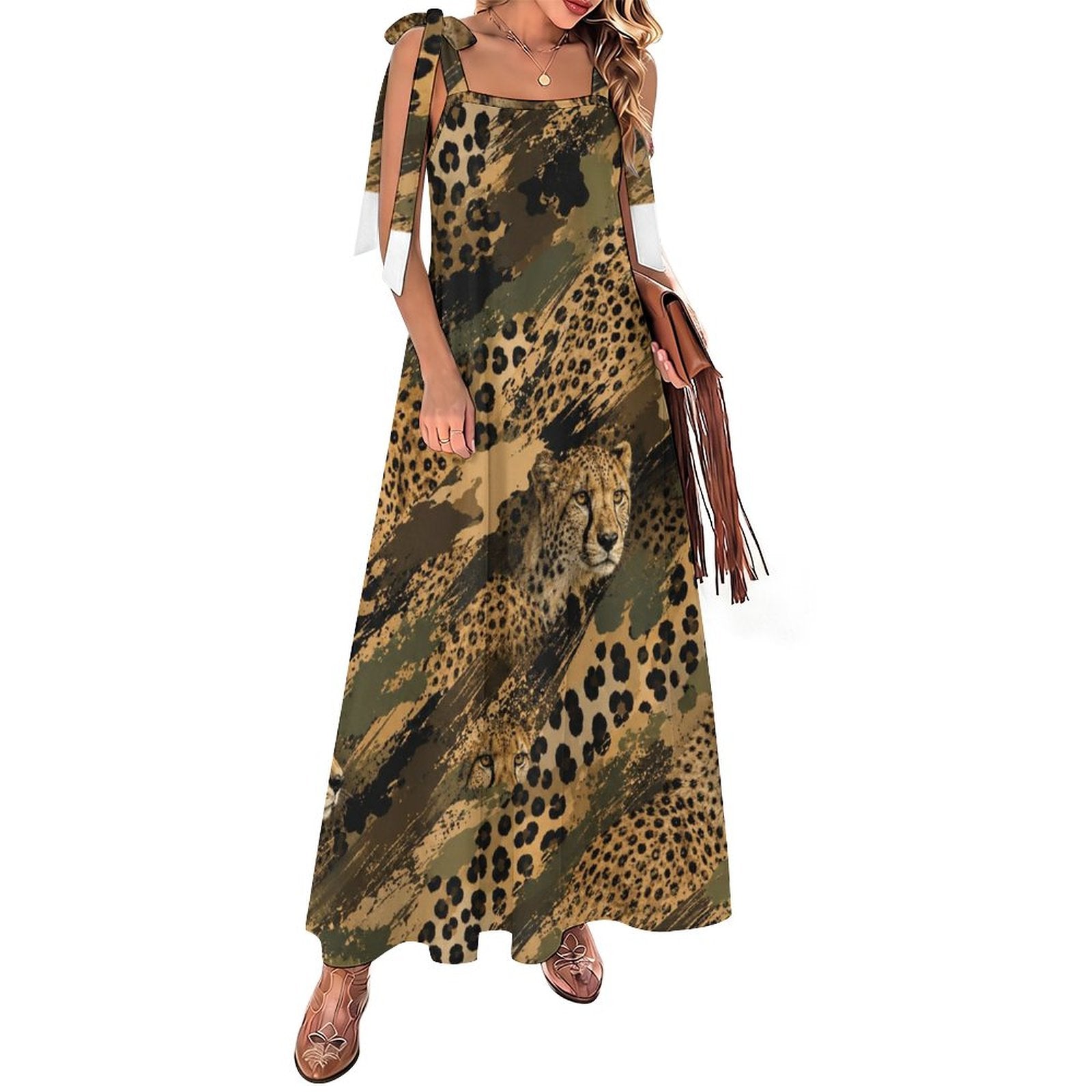 180gsm Ankle-length Slip Dress With Straps(All-Over Printing) - Cheetah camouflage
