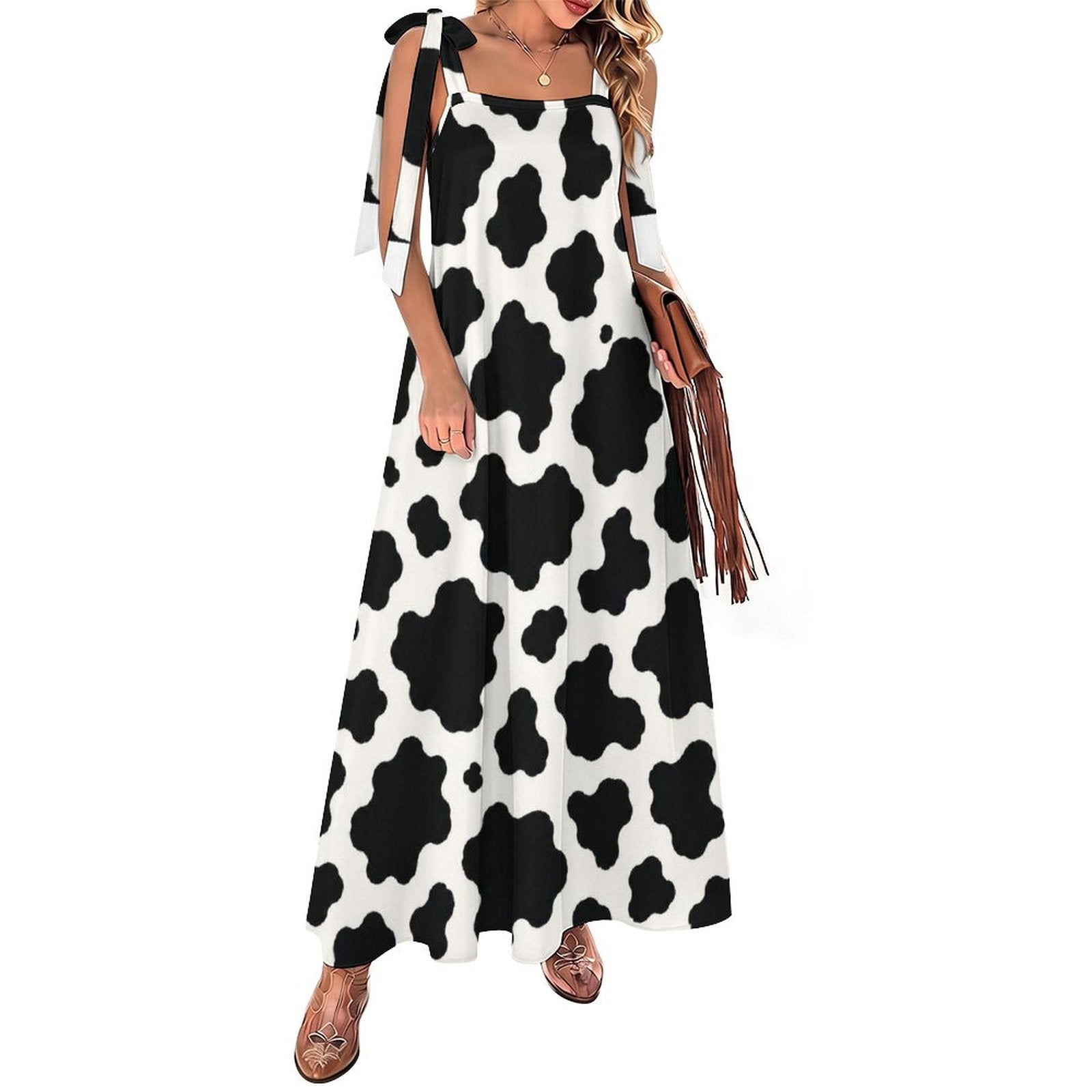 180gsm Ankle-length Slip Dress With Straps(All-Over Printing) - Black-and-White Cowhide