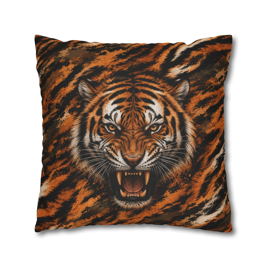 Roaring Tiger Face Pillowcase — Bold Jungle Accent Throw Cover