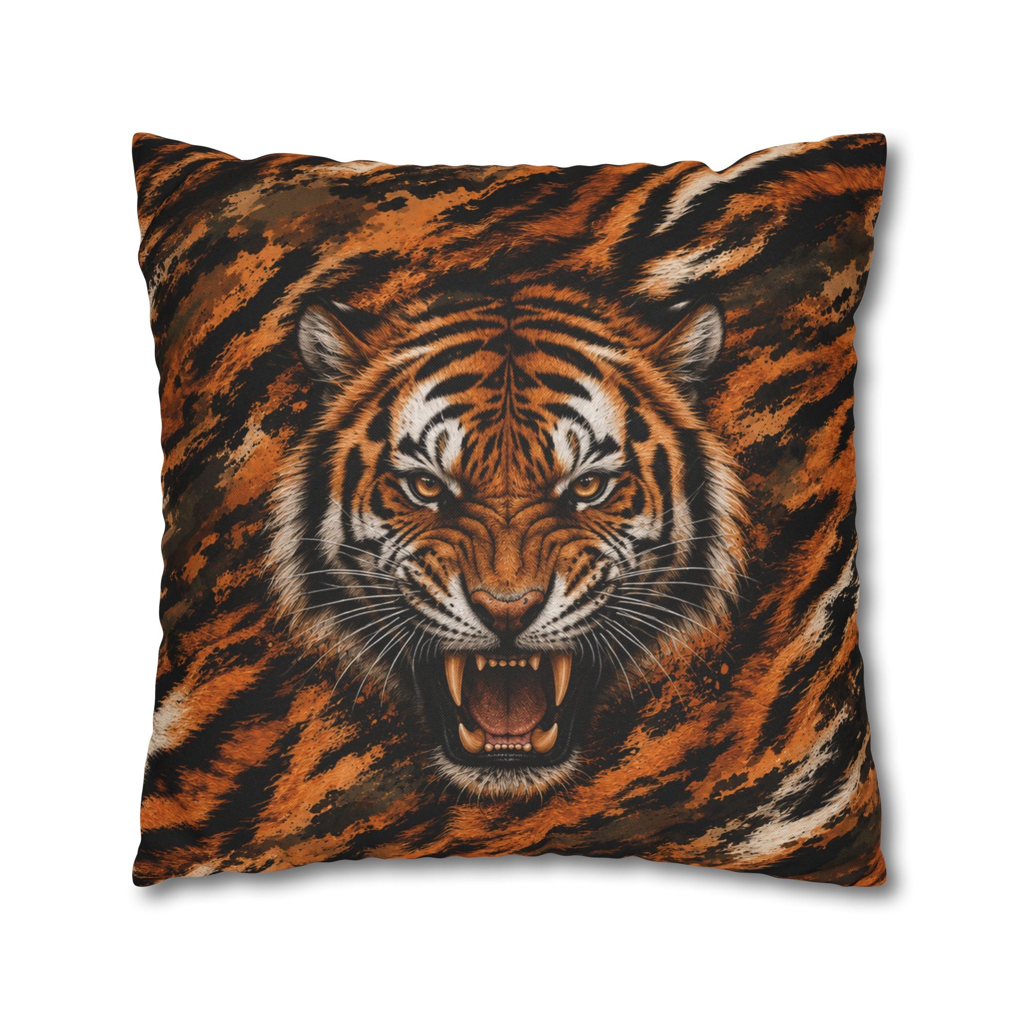 Roaring Tiger Face Pillowcase — Bold Jungle Accent Throw Cover