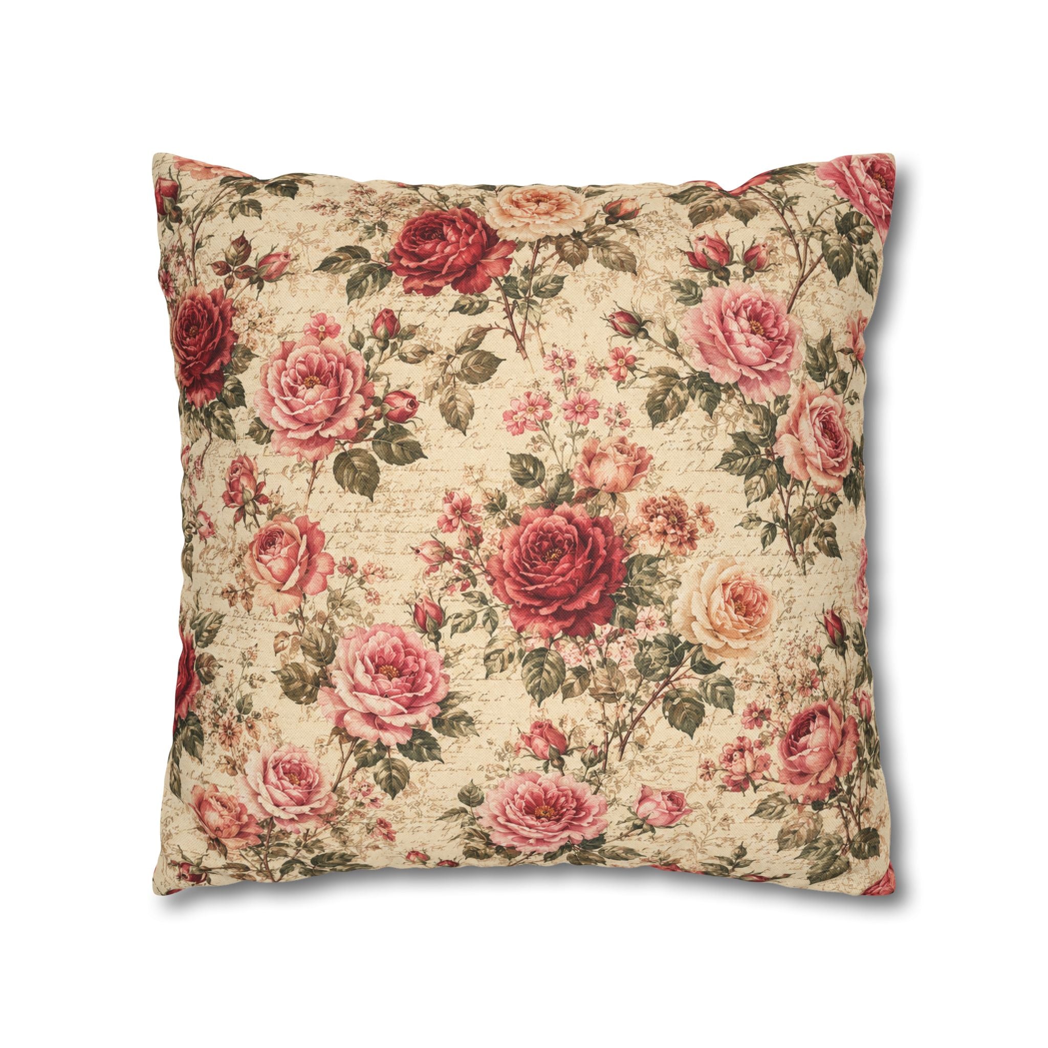 Floral Vintage Rose Pillowcase - Shabby Chic Square Throw Cover