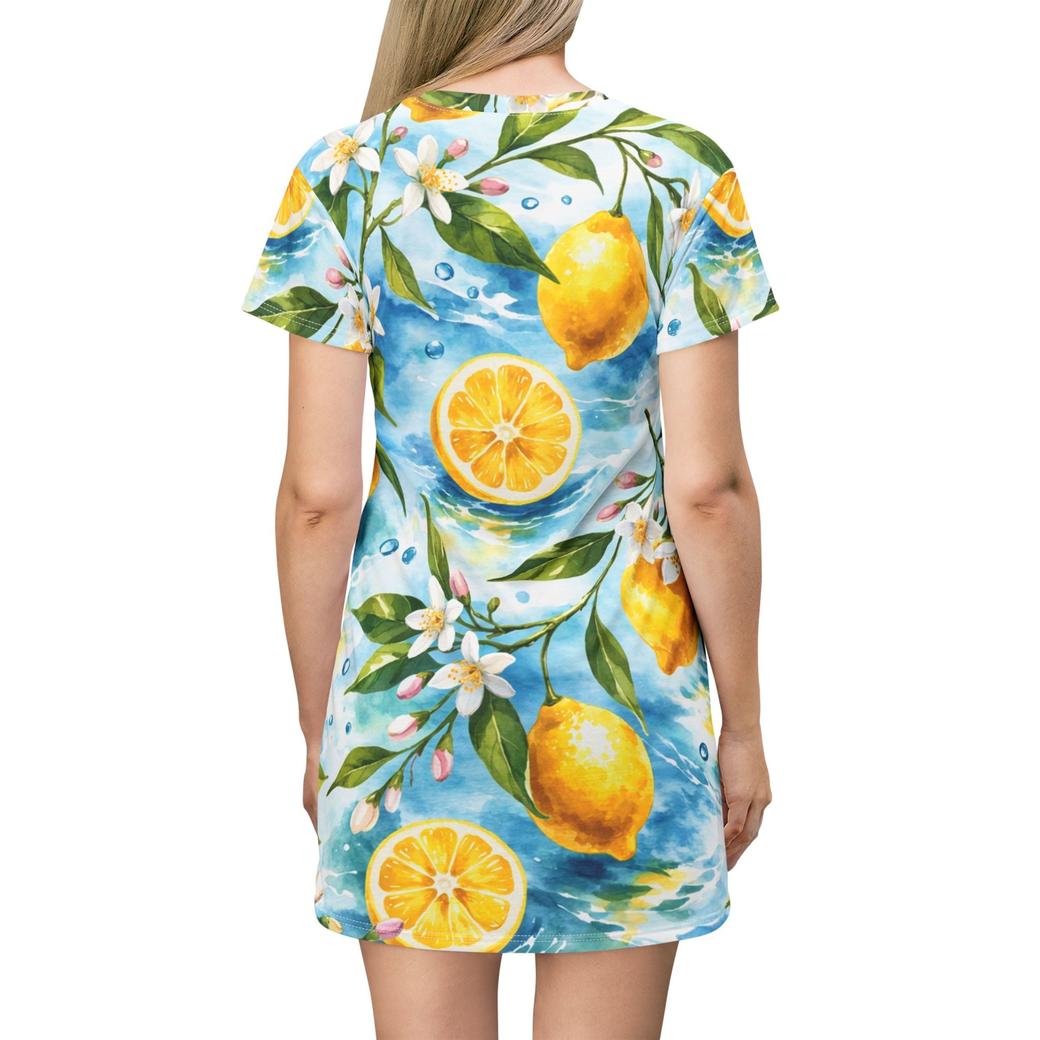 Lemon Blossom T-Shirt Dress — Citrus Watercolor All-Over Print