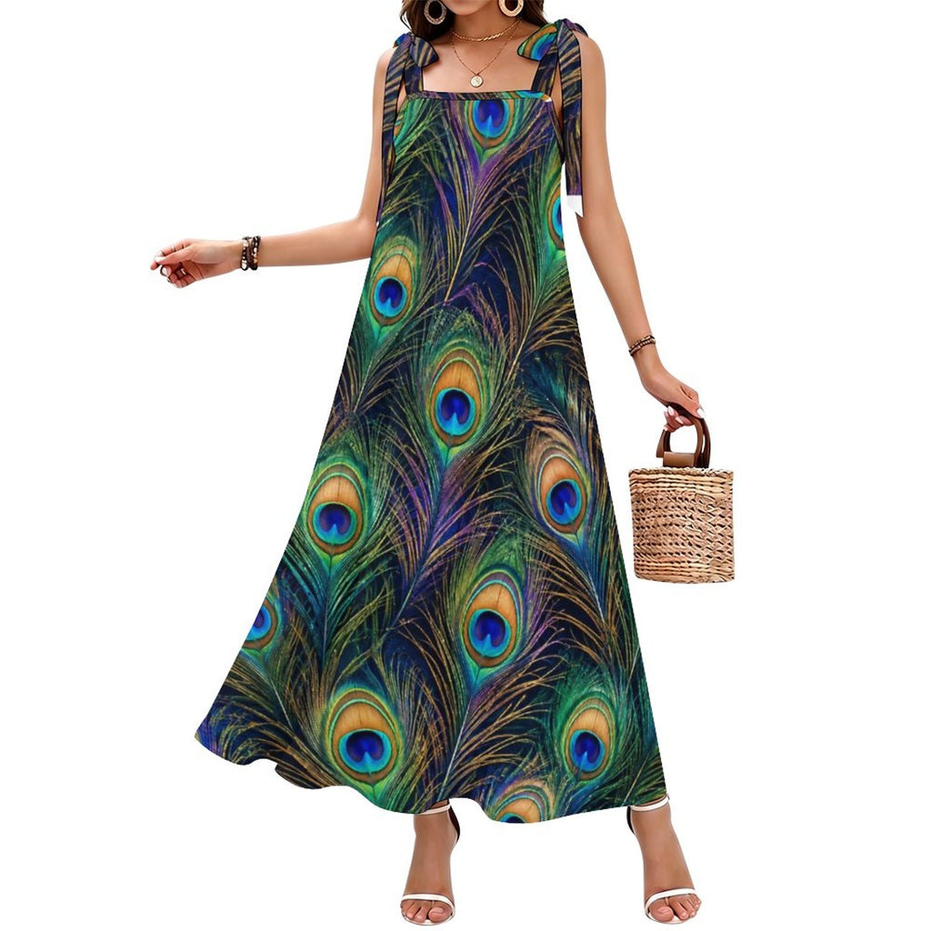 180gsm Ankle-length Slip Dress With Straps(All-Over Printing) - Peacock feathers