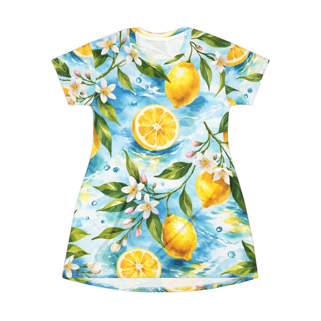 Lemon Blossom T-Shirt Dress — Citrus Watercolor All-Over Print
