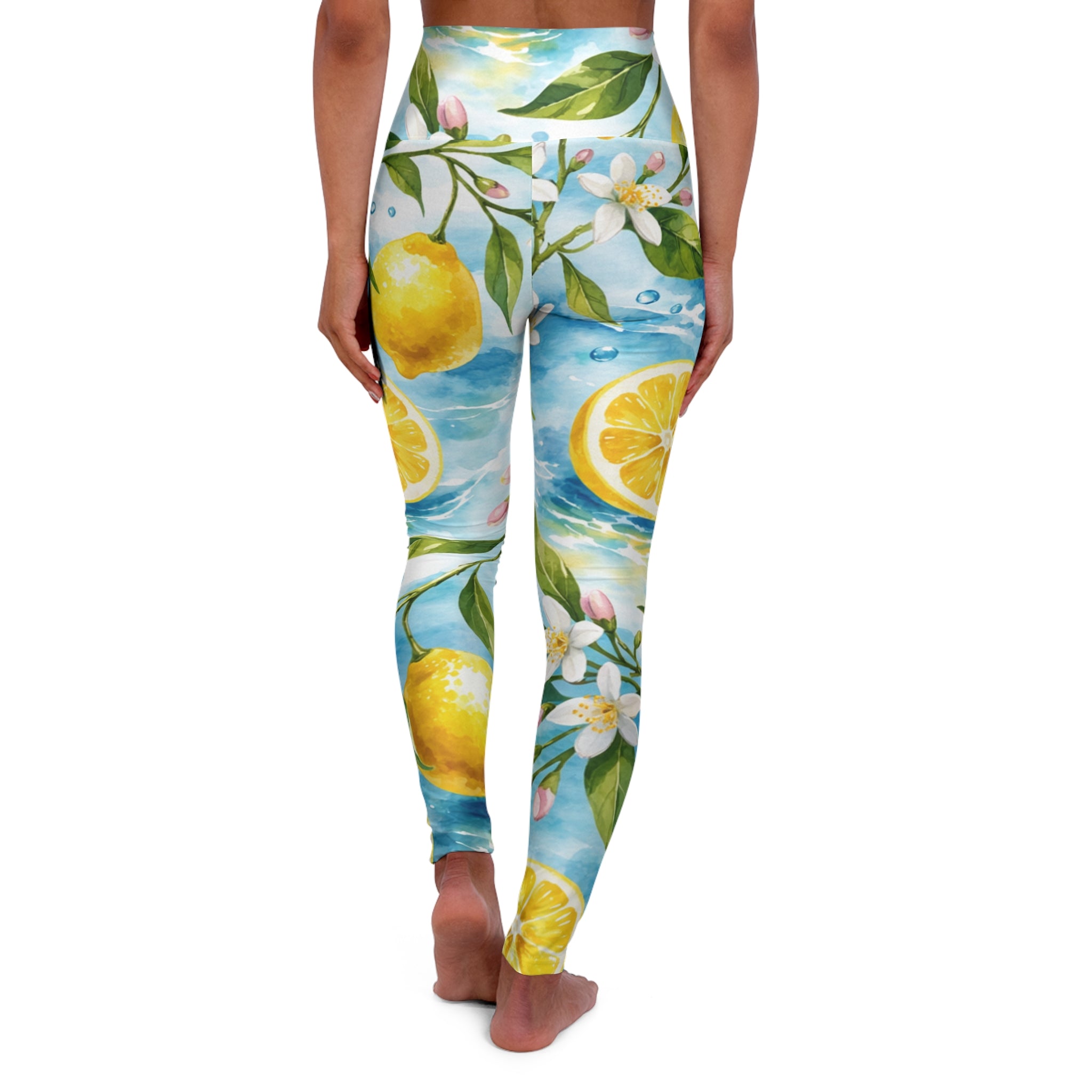Lemon Watercolor High-Waist Yoga Leggings — Floral Citrus Activewear