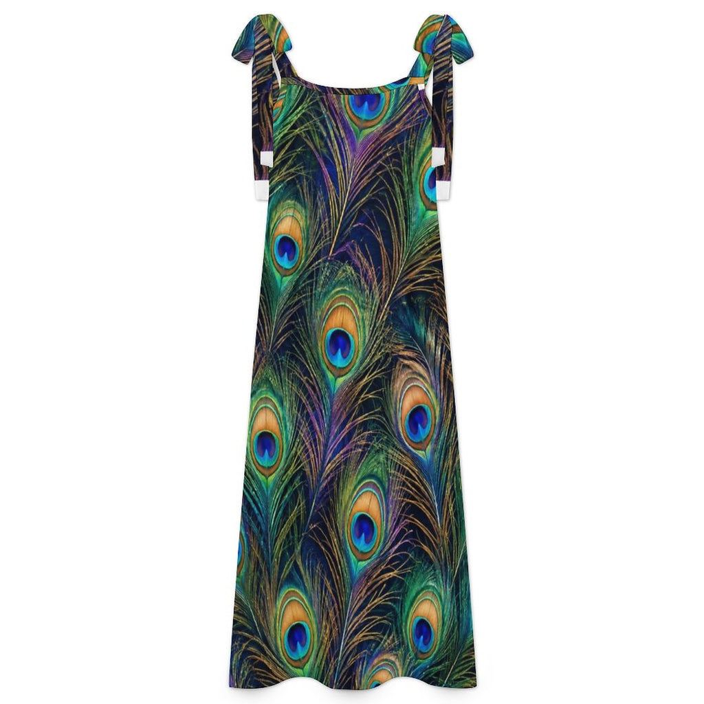 180gsm Ankle-length Slip Dress With Straps(All-Over Printing) - Peacock feathers